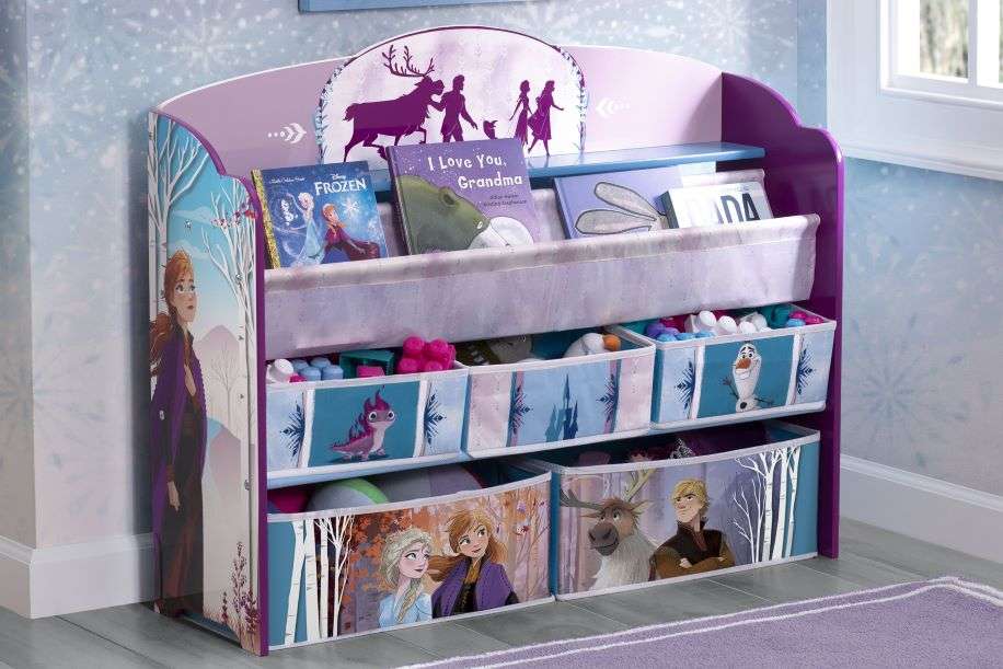 Frozen-themed bookshelf with storage bins.