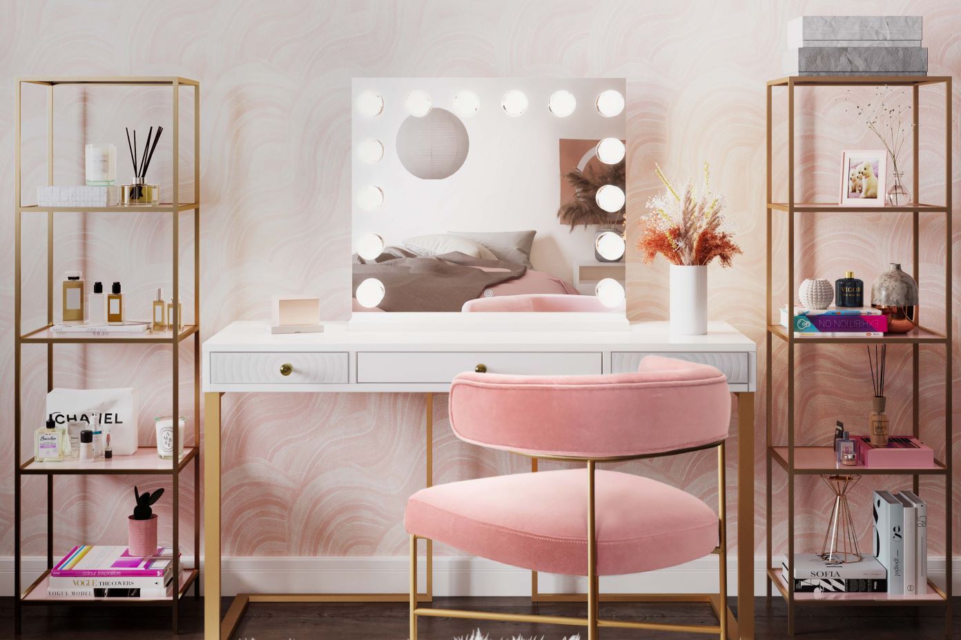 Vanity with a pink velvet chair, gold shelving, and a square mirror with lights.
