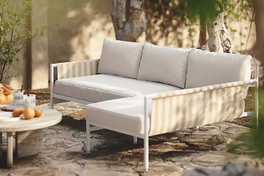 Arboleda cream 2 Pc right arm chaise sectional, designed with an aluminum frame to prevent rust and ensure longevity, making it a durable addition to your backyard or patio.