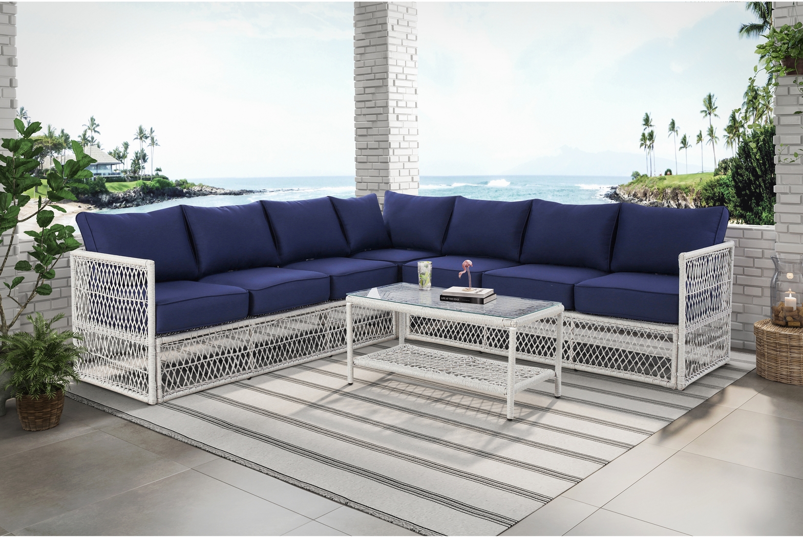 Outdoor Burkholder Blue Sectional and Cocktail Table - Thumbnail - Image 7