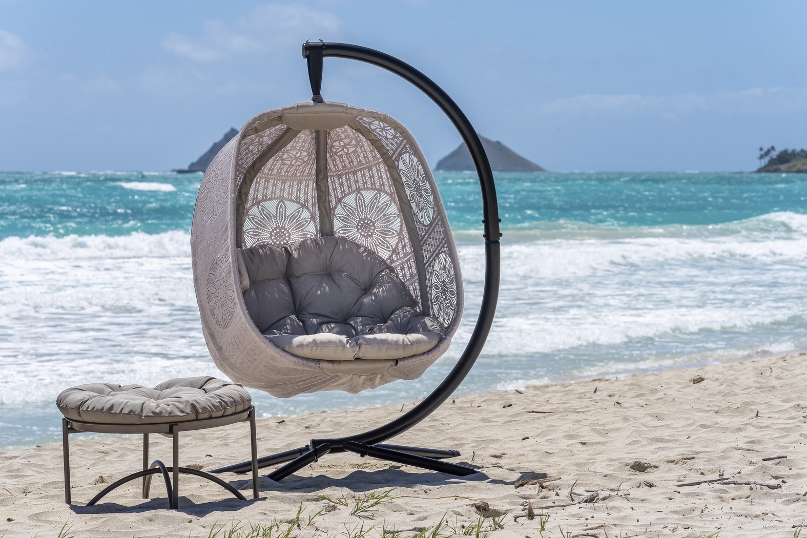 Outdoor Maquel Beige Hanging Egg Chair - Thumbnail - Image 11
