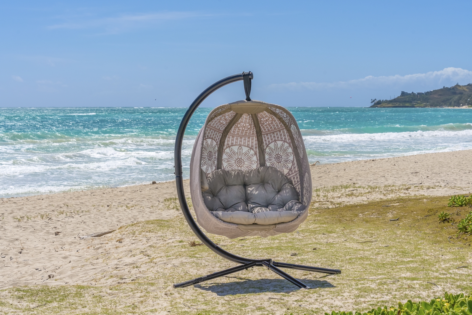 Outdoor Maquel Beige Hanging Egg Chair - Thumbnail - Image 12