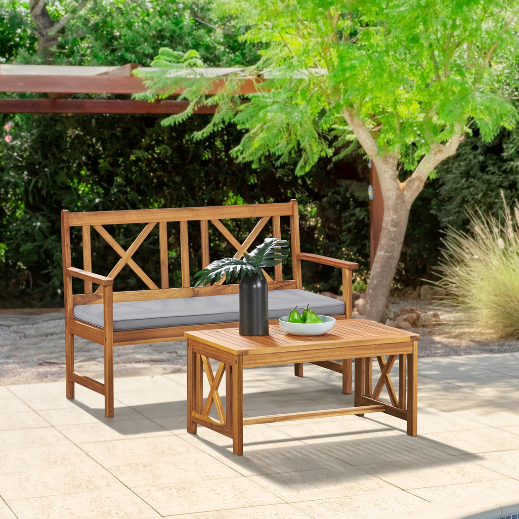 Outdoor Voelker Brown Bench and Cocktail Table Set - Thumbnail - Image 2