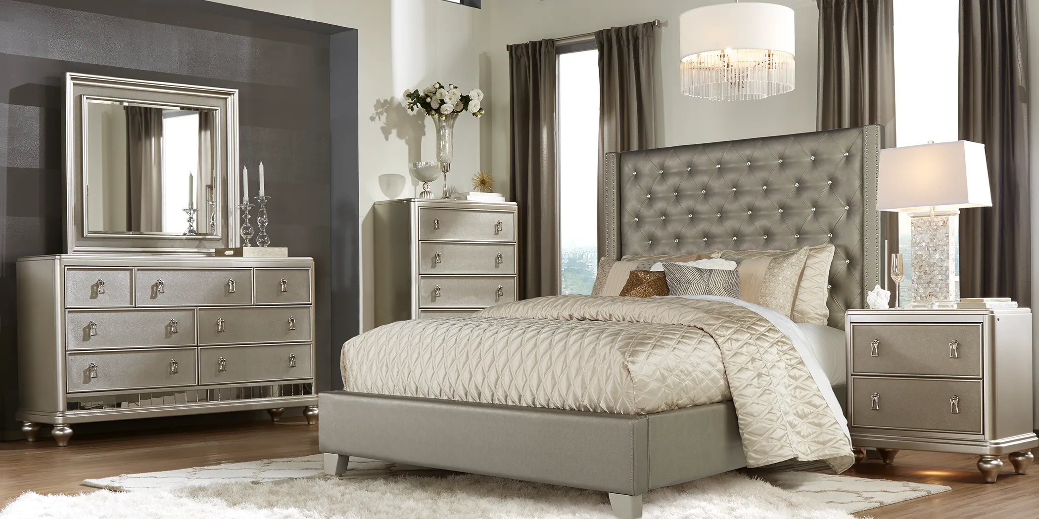 Paris Silver 5 Pc Queen Upholstered Bedroom - Thumbnail - Image 2