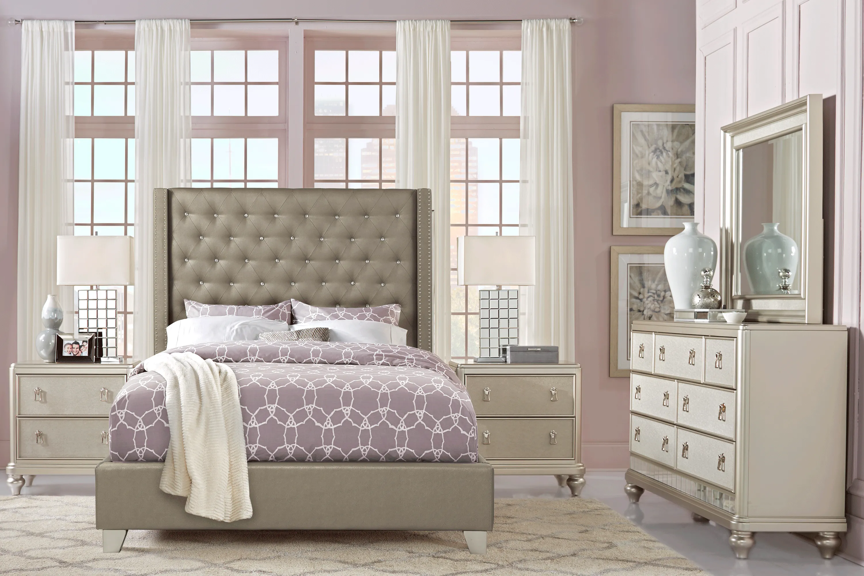 Paris Silver 5 Pc Queen Upholstered Bedroom - Thumbnail - Image 1