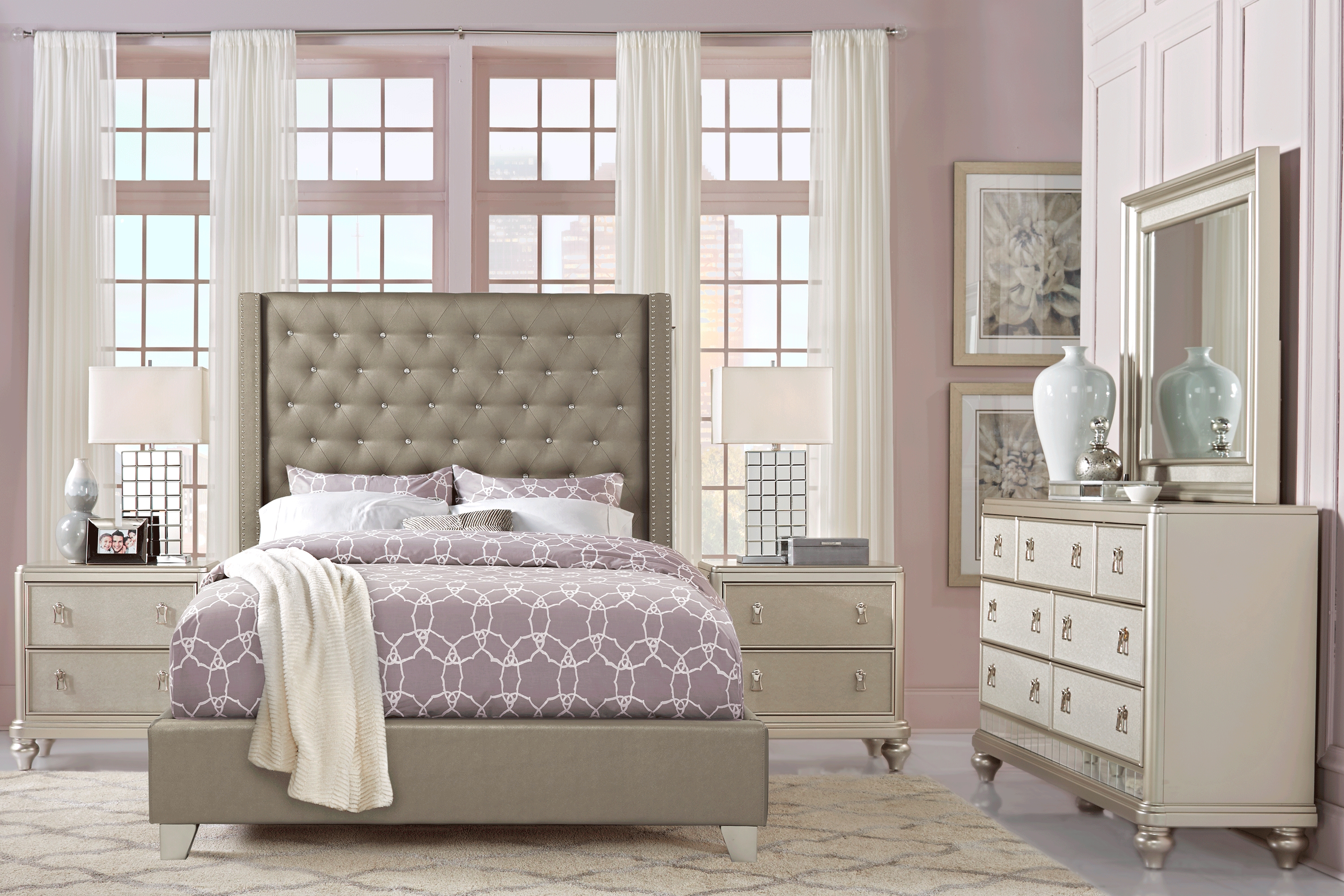 Paris Silver 7 Pc King Upholstered Bedroom - Thumbnail - Image 1