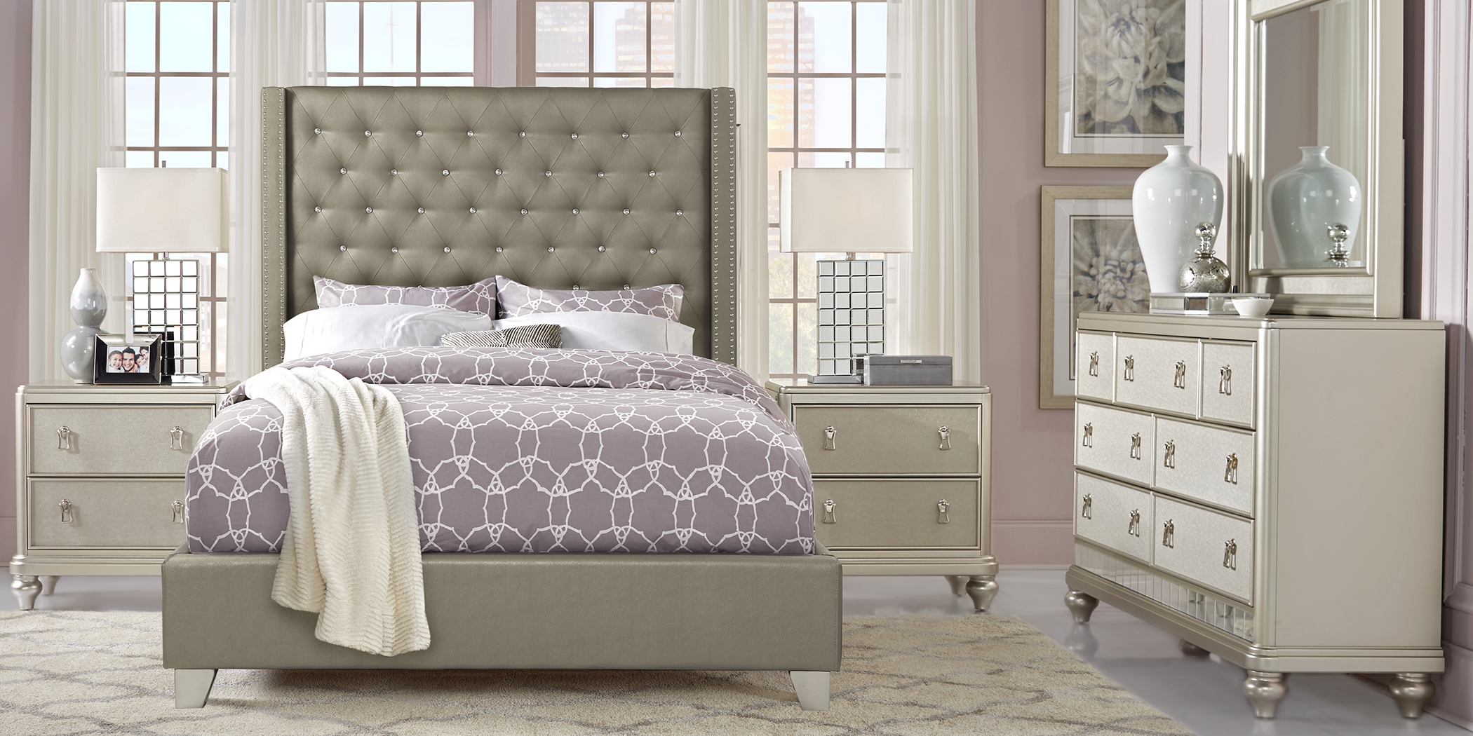 Paris Silver 7 Pc Queen Upholstered Bedroom - Thumbnail - Image 1