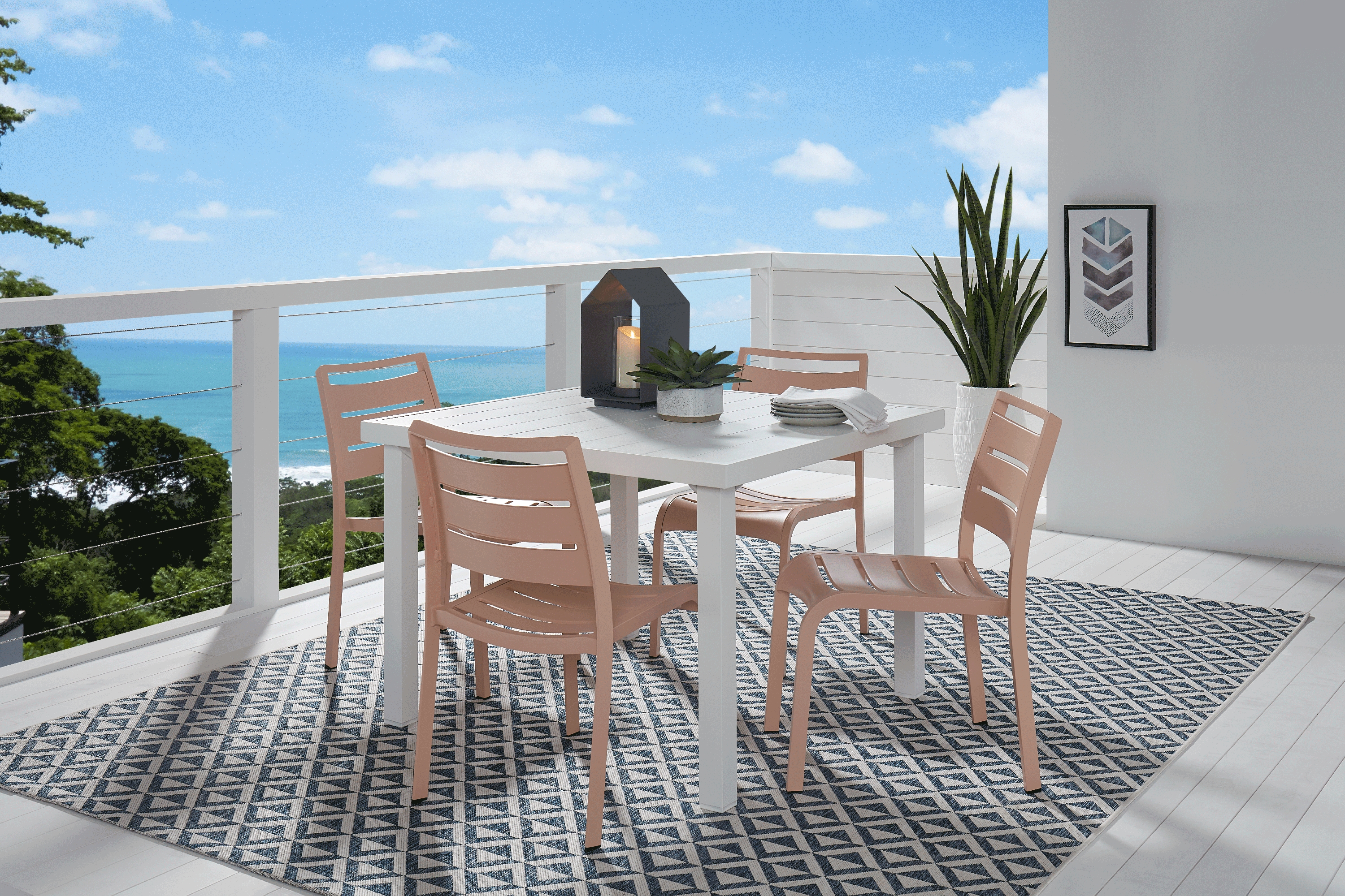 Park Walk White 5 Pc 40 in. Square Outdoor Dining Set with Blush Chairs - Thumbnail - Image 1
