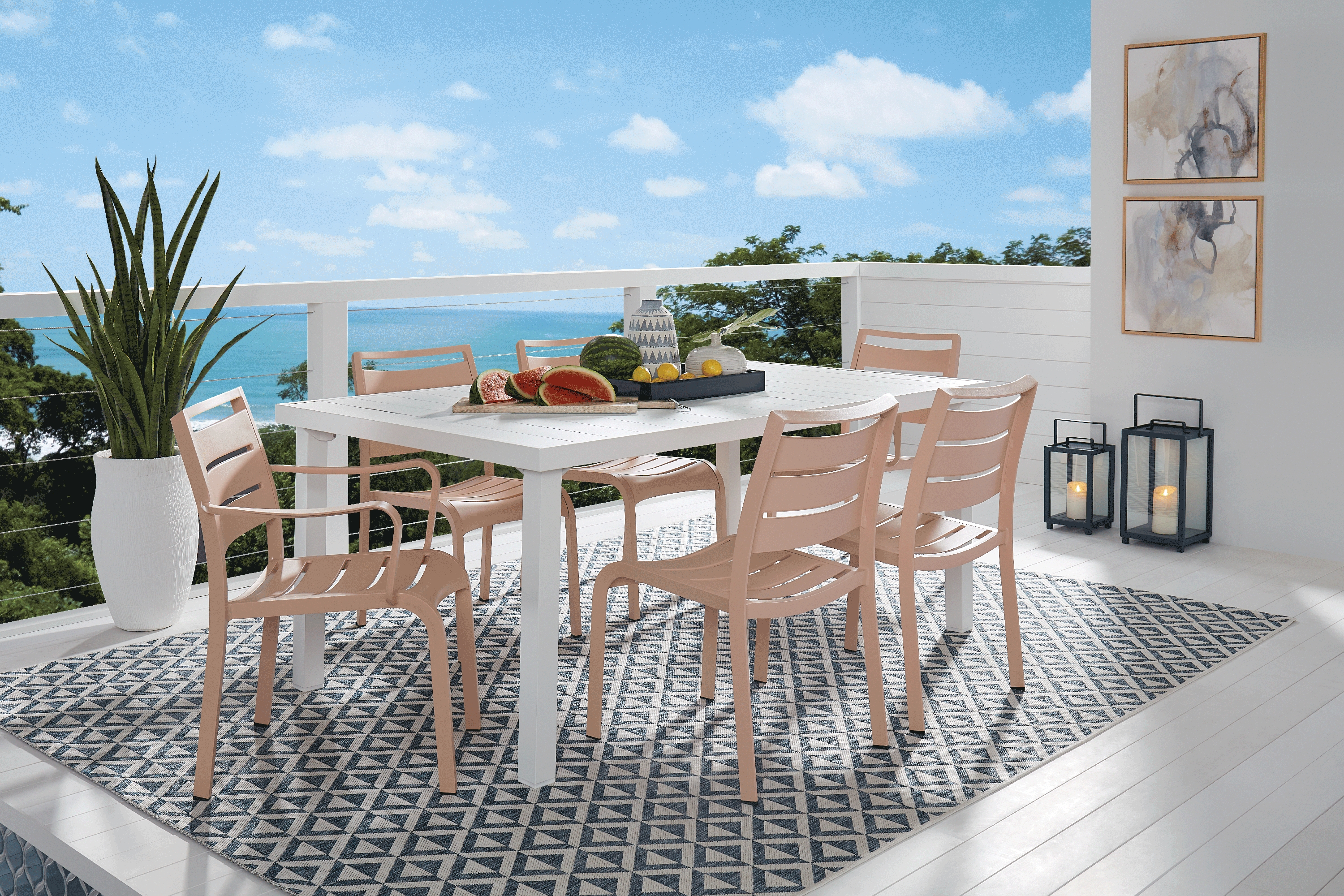 Park Walk White 7 Pc 70 in. Rectangle Outdoor Dining Set with Blush Chairs - Thumbnail - Image 1