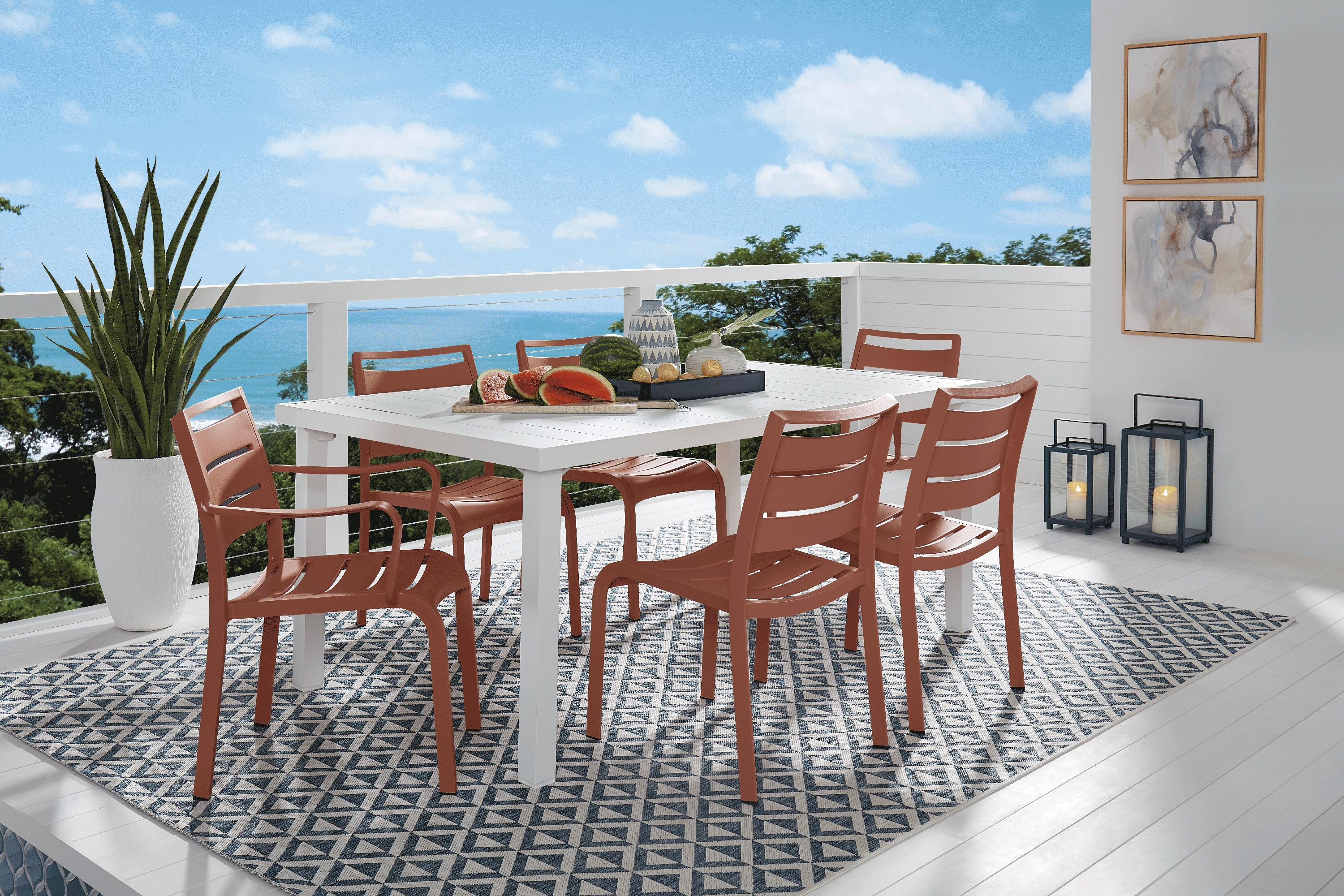 Park Walk White 7 Pc Rectangle Outdoor Dining Set with Coral Chairs - Thumbnail - Image 1