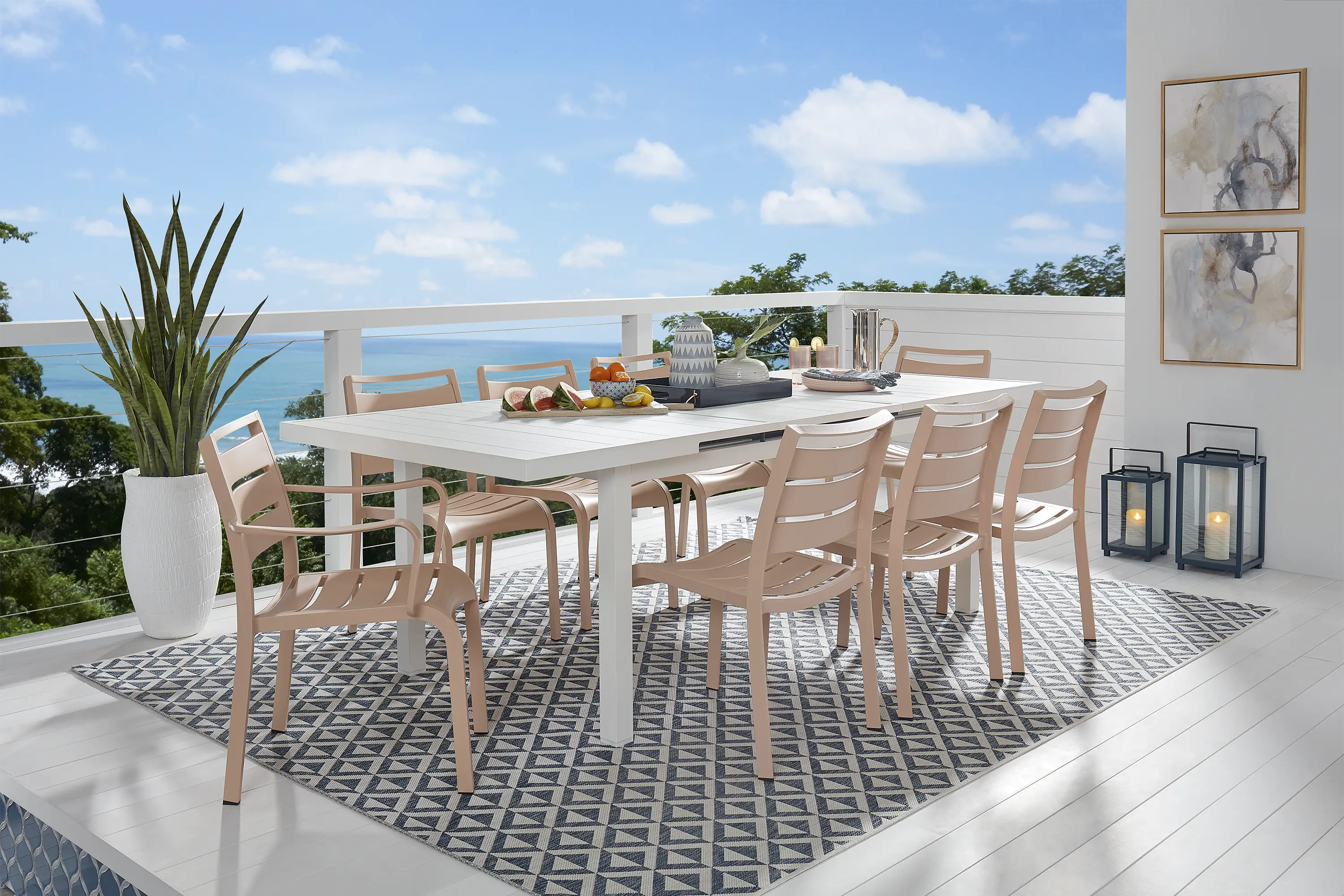Park Walk White 9 Pc 73 - 97 in. Rectangle Extension Outdoor Dining Set with Blush Chairs - Thumbnail - Image 1