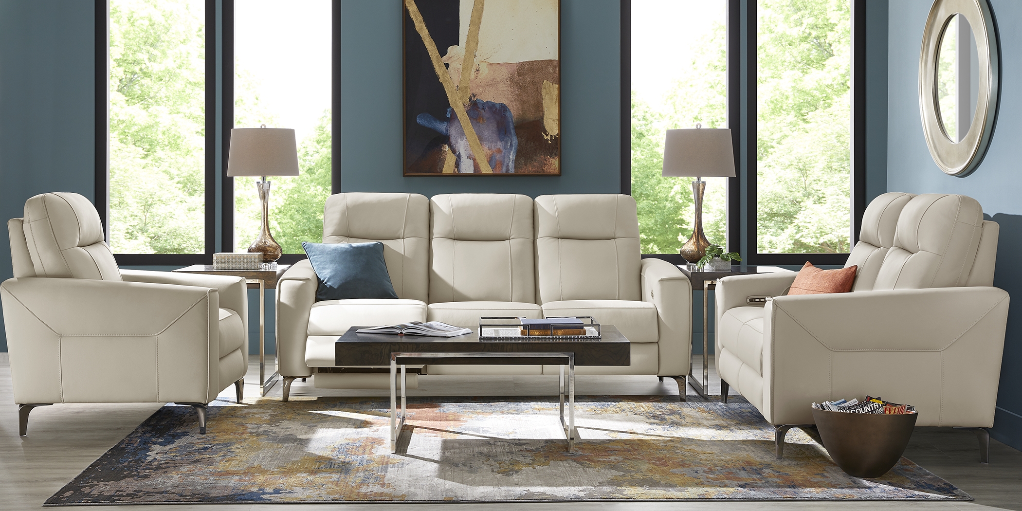 Parkside Heights Beige Leather 7 Pc Dual Power Reclining Living Room - Thumbnail - Image 2