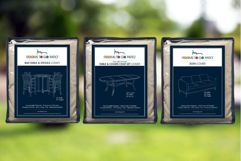 Three patio furniture covers in packaging, labeled for a bar table, table and chairs, and a sofa.
