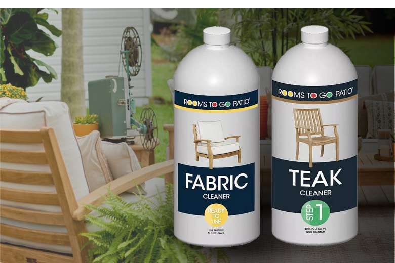 Two bottles of patio cleaner, one for fabric and one for teak.
