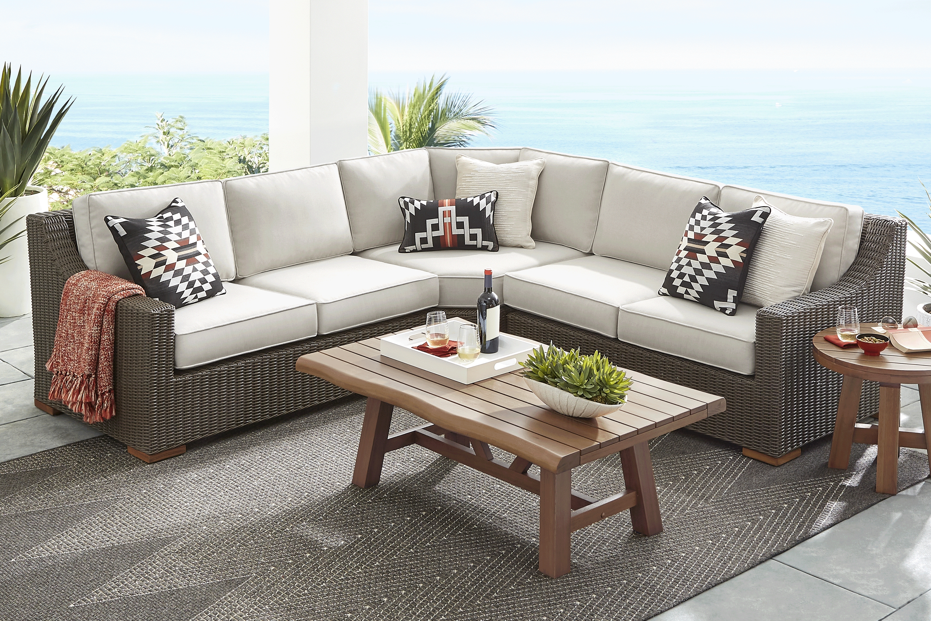 Patmos Brown 3 Pc Outdoor Sectional with Linen Cushions - Thumbnail - Image 2