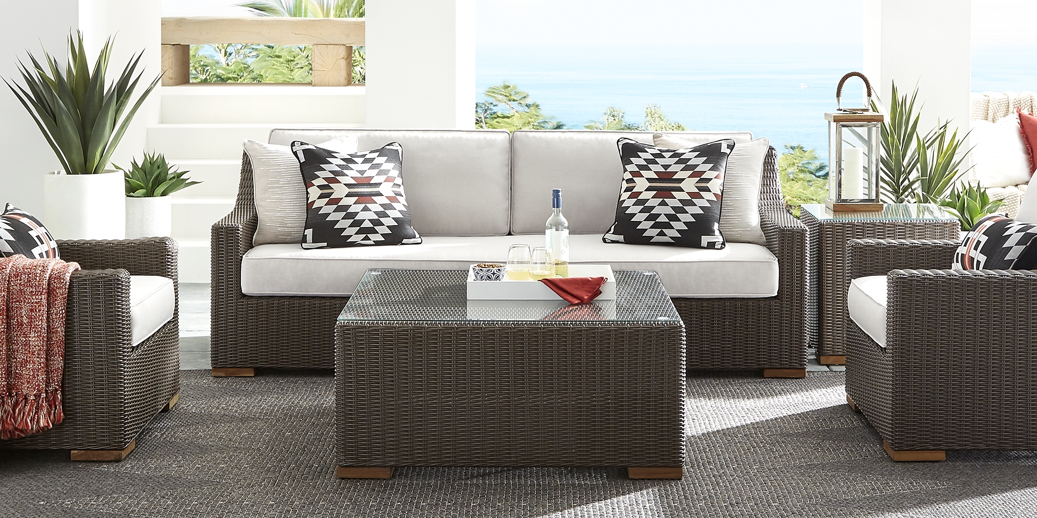 Patmos Brown 4 Pc Outdoor Sofa Seating Set with Linen Cushions - Thumbnail - Image 2