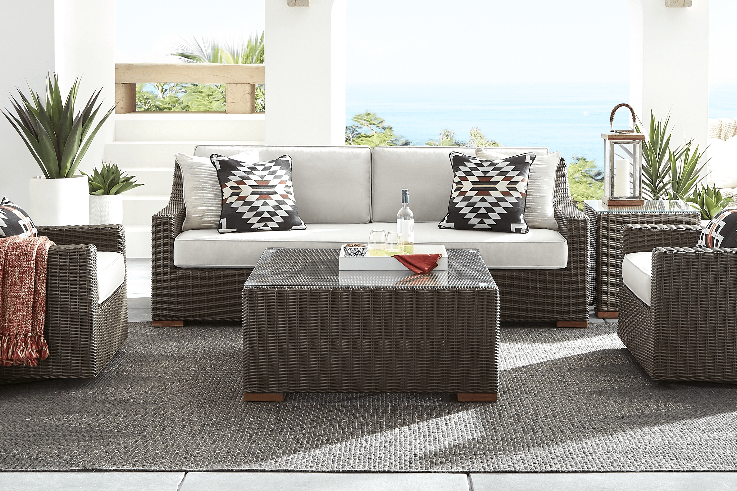 Patmos Brown 4 Pc Outdoor Sofa Seating Set with Linen Cushions - Thumbnail - Image 1