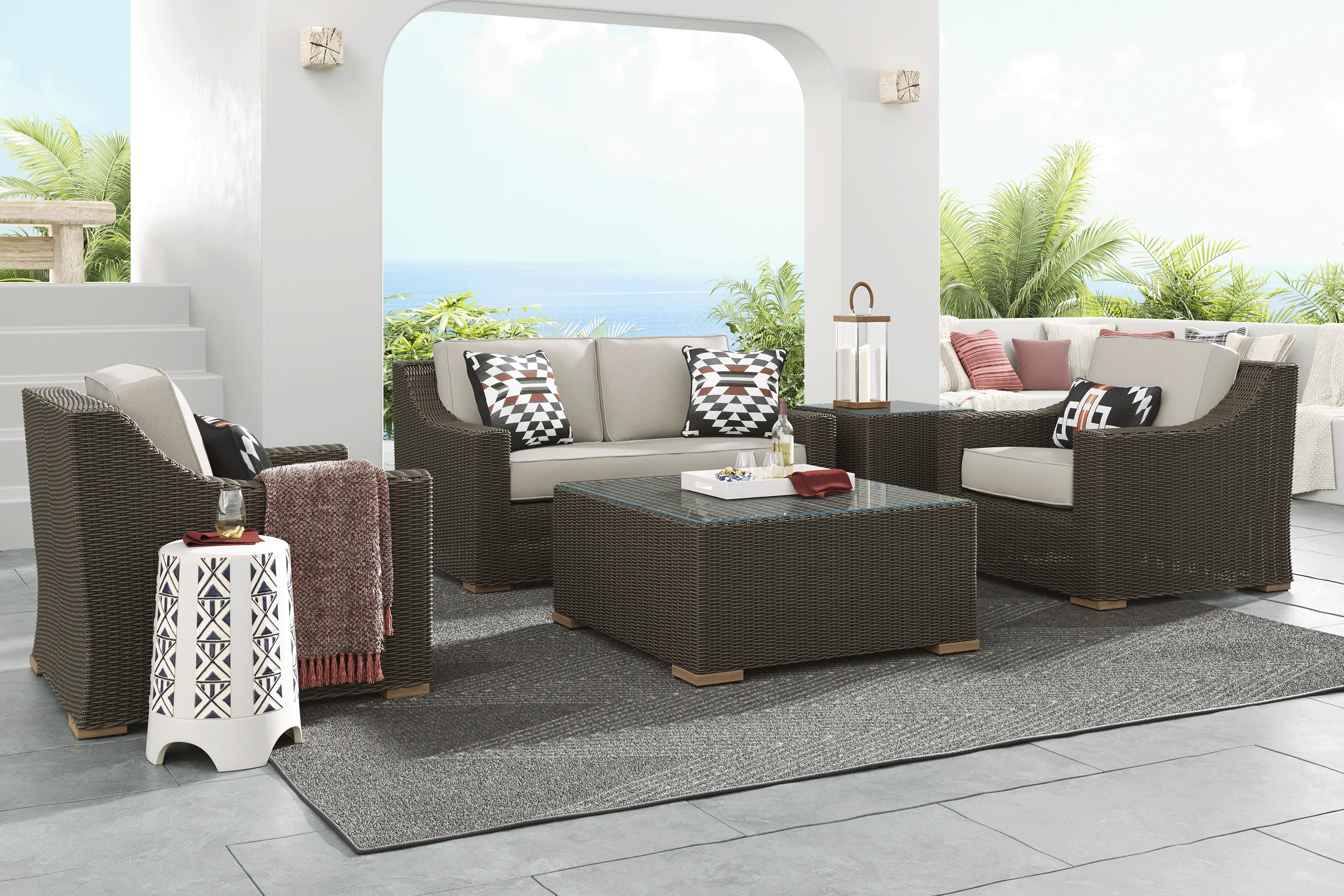 Patmos Brown 4 Pc Outdoor Loveseat Seating Set with Linen Cushions - Thumbnail - Image 1