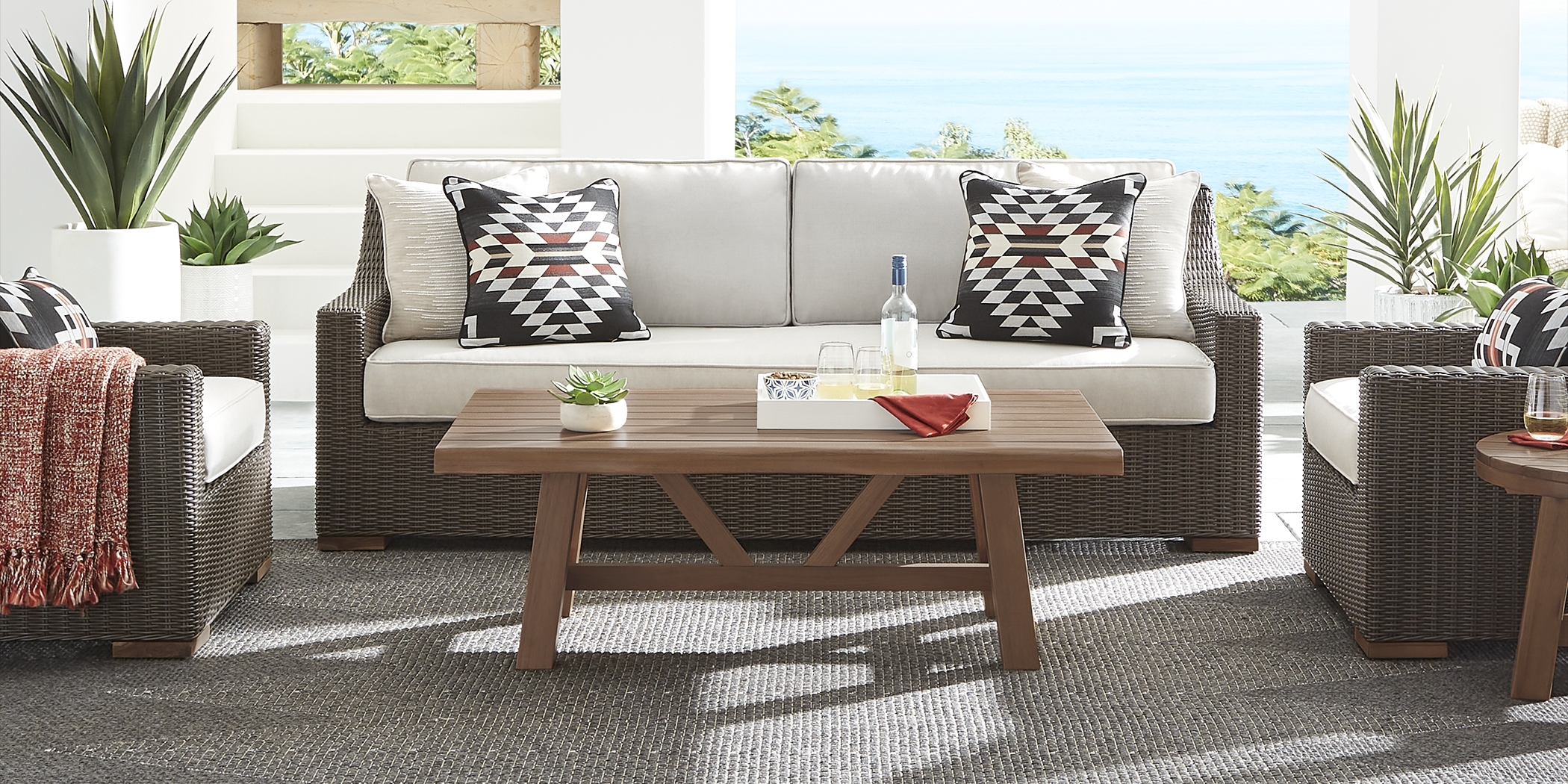 Patmos Brown 4 Pc Outdoor Sofa Seating Set with Linen Cushions - Thumbnail - Image 2