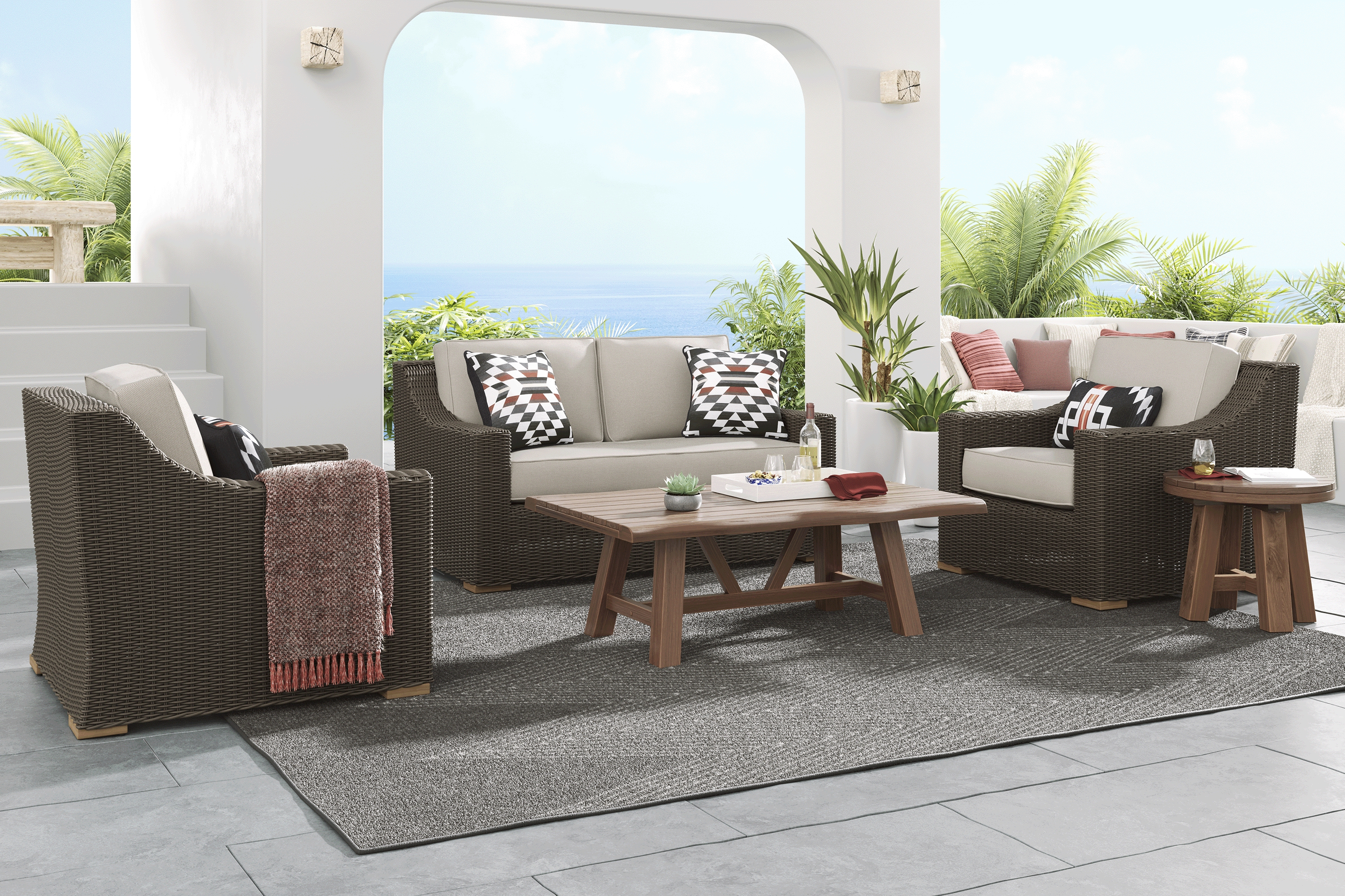 Patmos Brown 4 Pc Outdoor Loveseat Seating Set with Linen Cushions - Thumbnail - Image 1