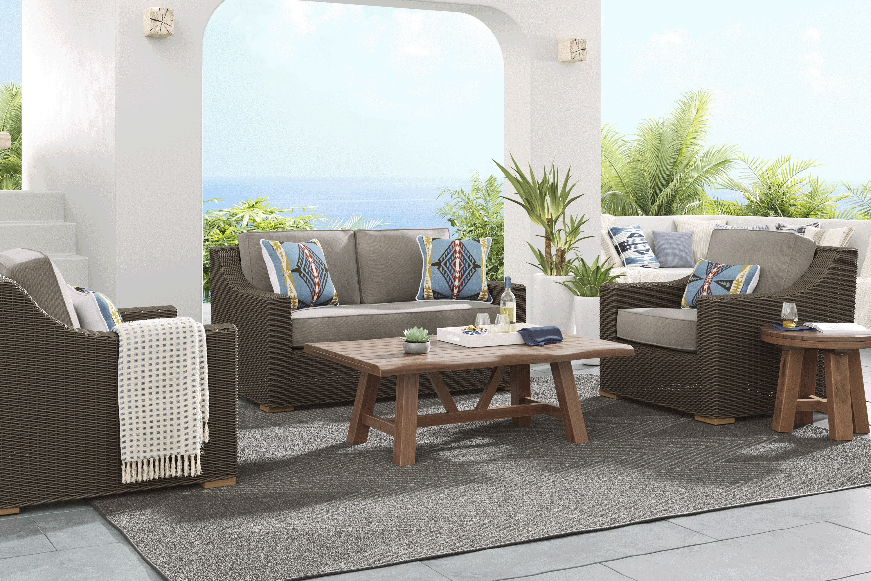 Patmos Brown 4 Pc Outdoor Loveseat Seating Set with Mushroom Cushions - Thumbnail - Image 1