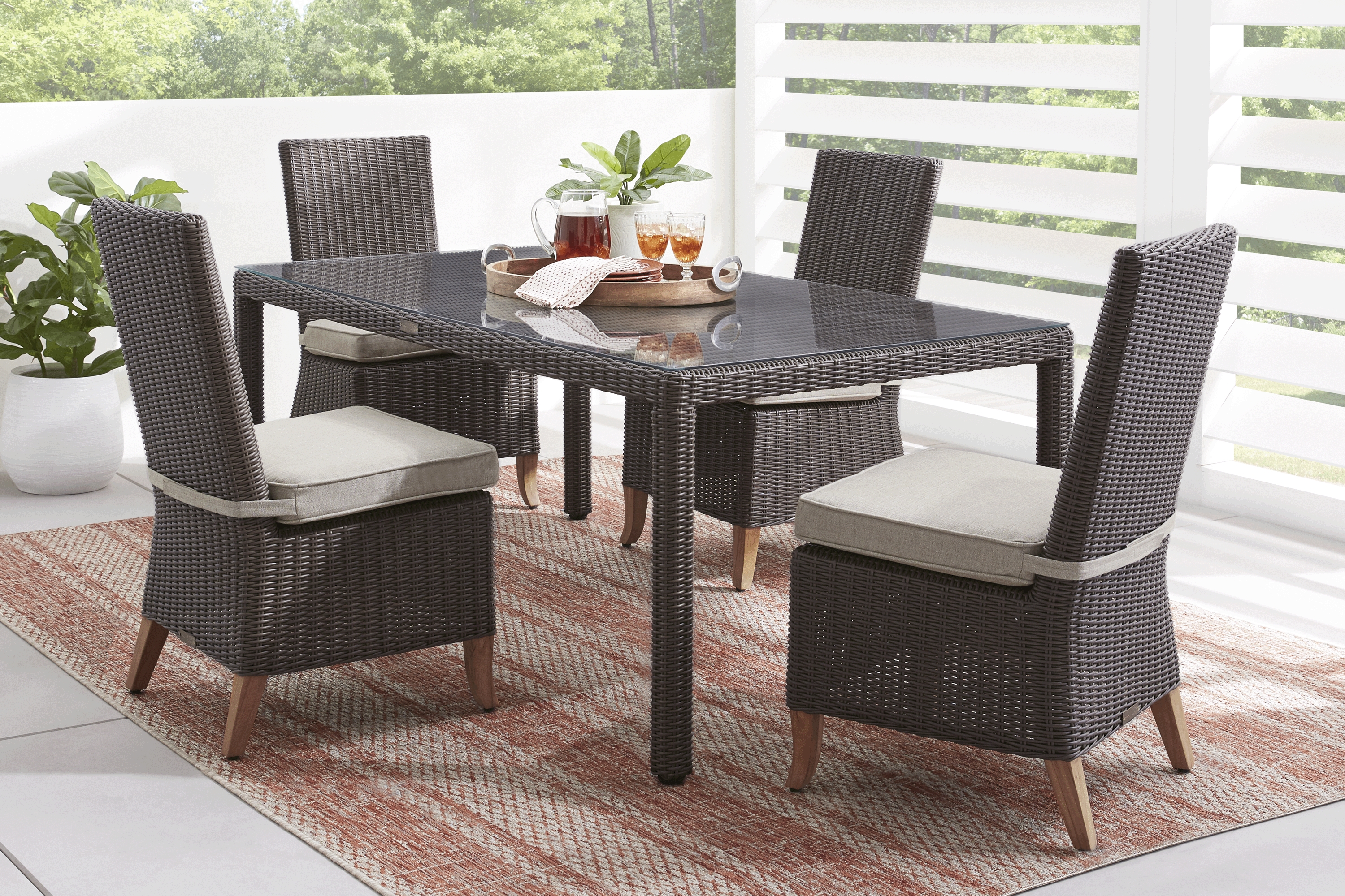 Patmos Brown 5 Pc Outdoor Dining Set with Linen Cushions - Thumbnail - Image 1