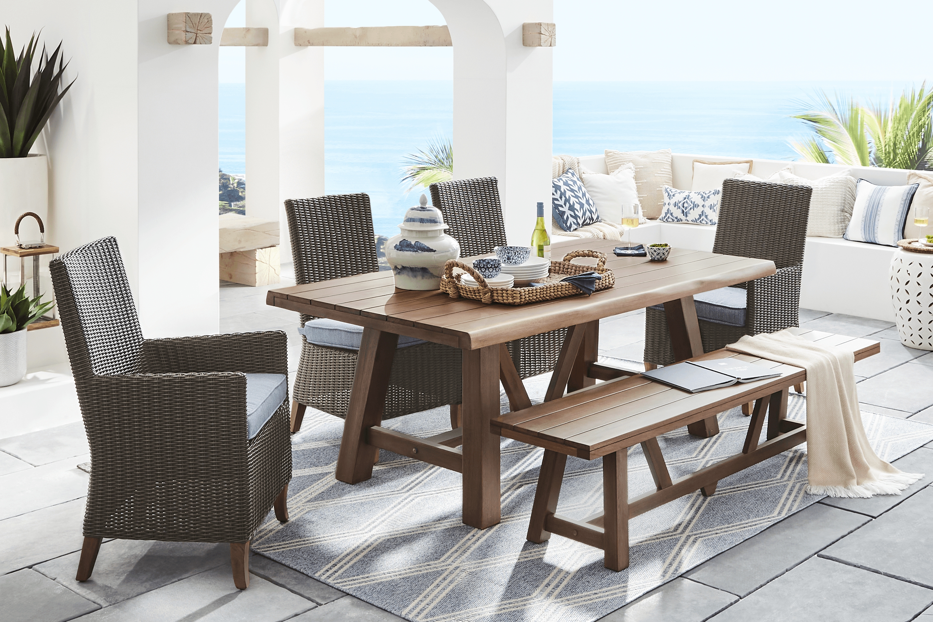 Patmos Tan 6 Pc 78 in. Rectangle Outdoor Dining Set With Steel Cushions - Thumbnail - Image 1