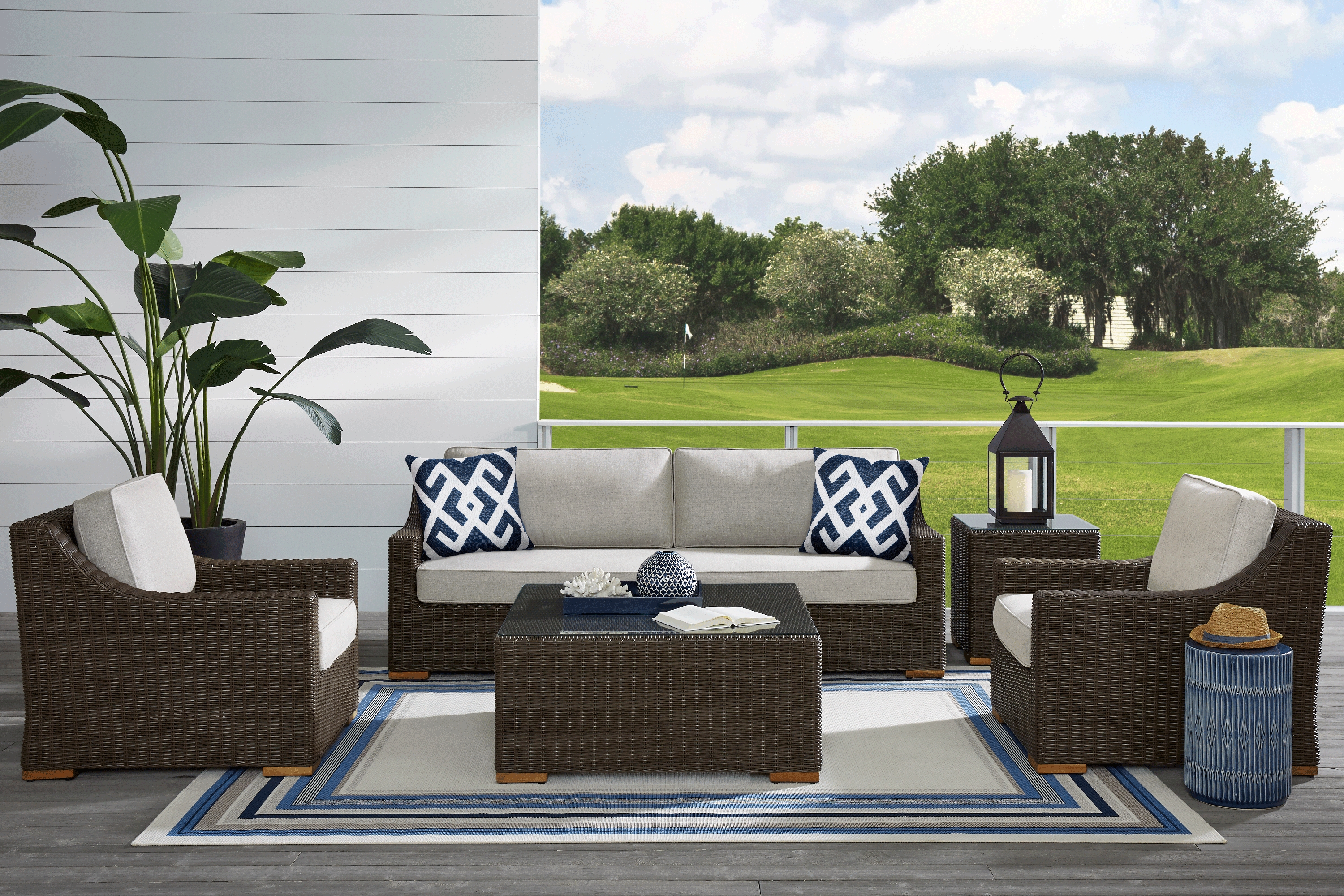Patmos Brown 6 Pc Outdoor Seating Set with Linen Cushions - Thumbnail - Image 1