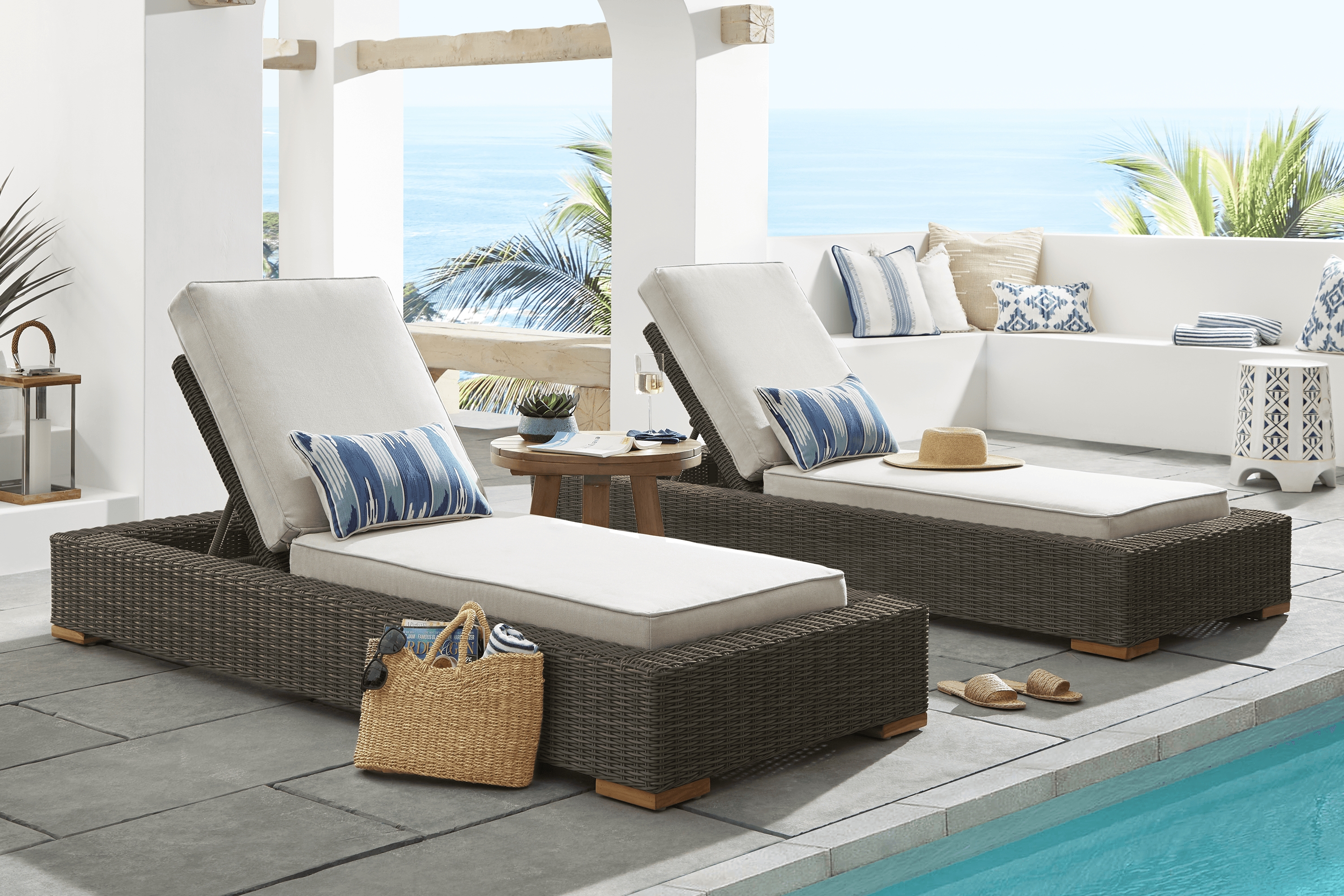 Patmos Brown Outdoor Chaise with Linen Cushions, Set of 2 - Thumbnail - Image 2