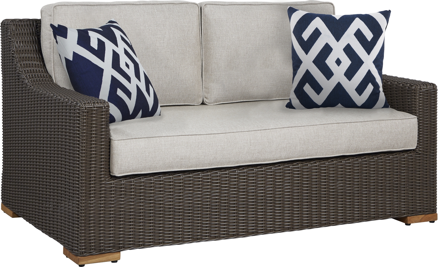 Patmos Brown Outdoor Loveseat with Linen Cushions - Thumbnail - Image 1