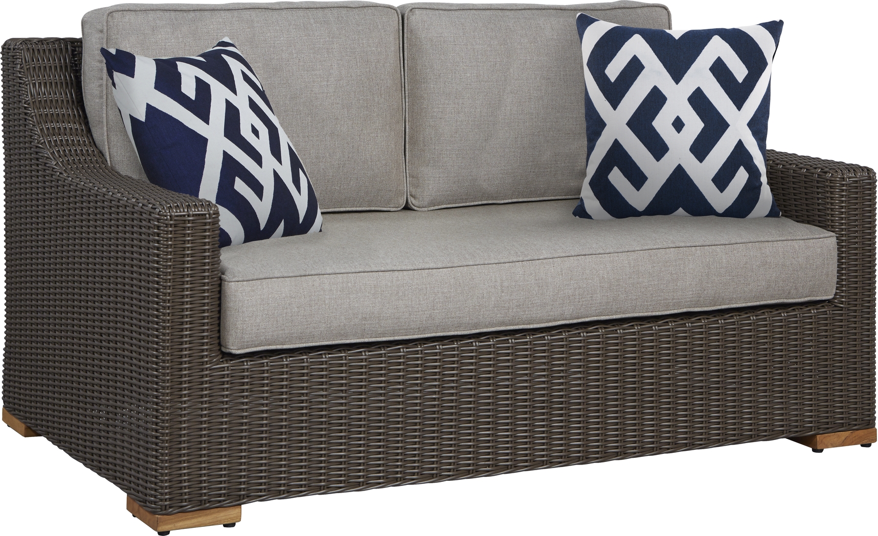 Patmos Brown Outdoor Loveseat with Mushroom Cushions - Thumbnail - Image 1