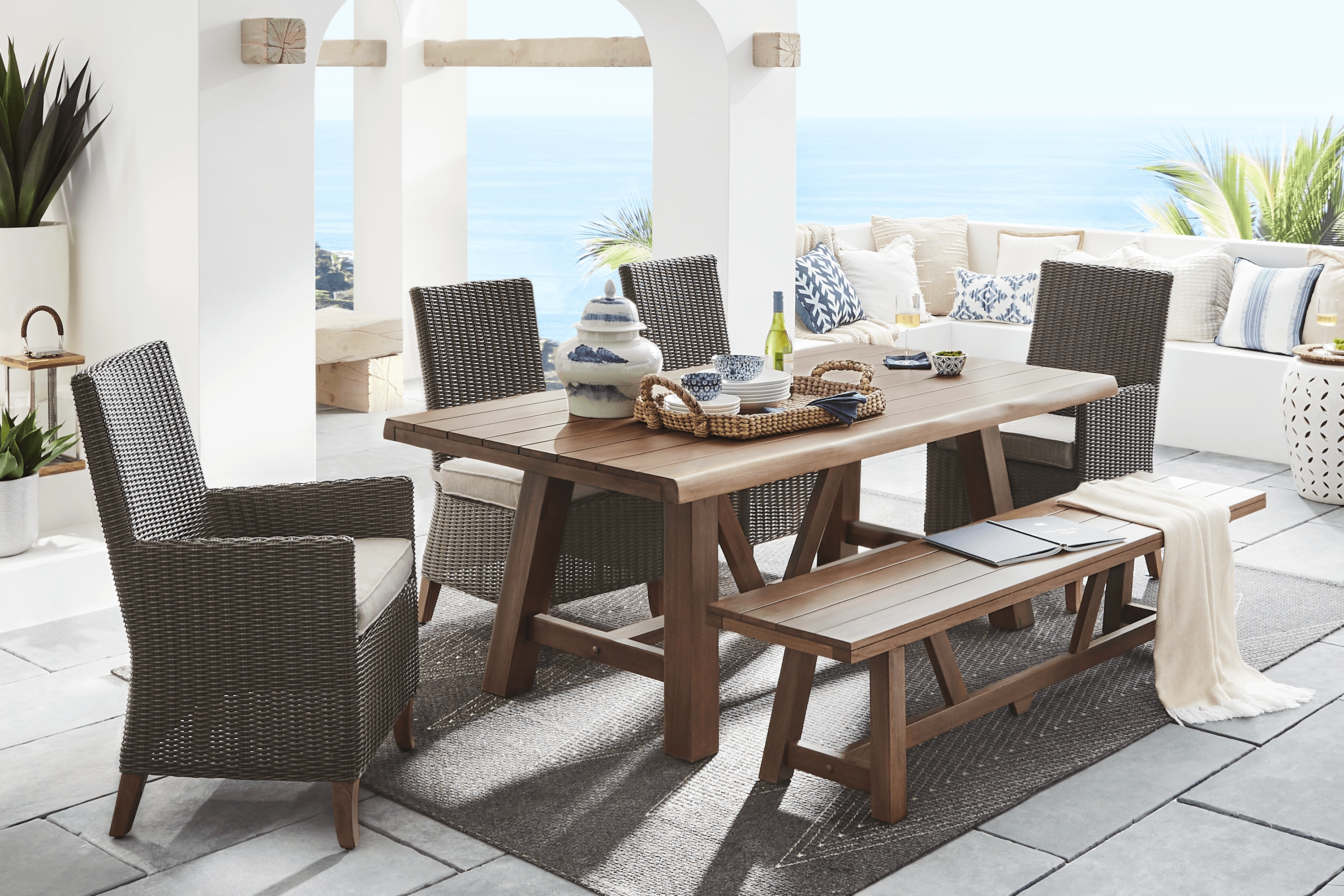 Patmos Tan 6 Pc 78 in. Rectangle Outdoor Dining Set With Twine Cushions - Thumbnail - Image 1