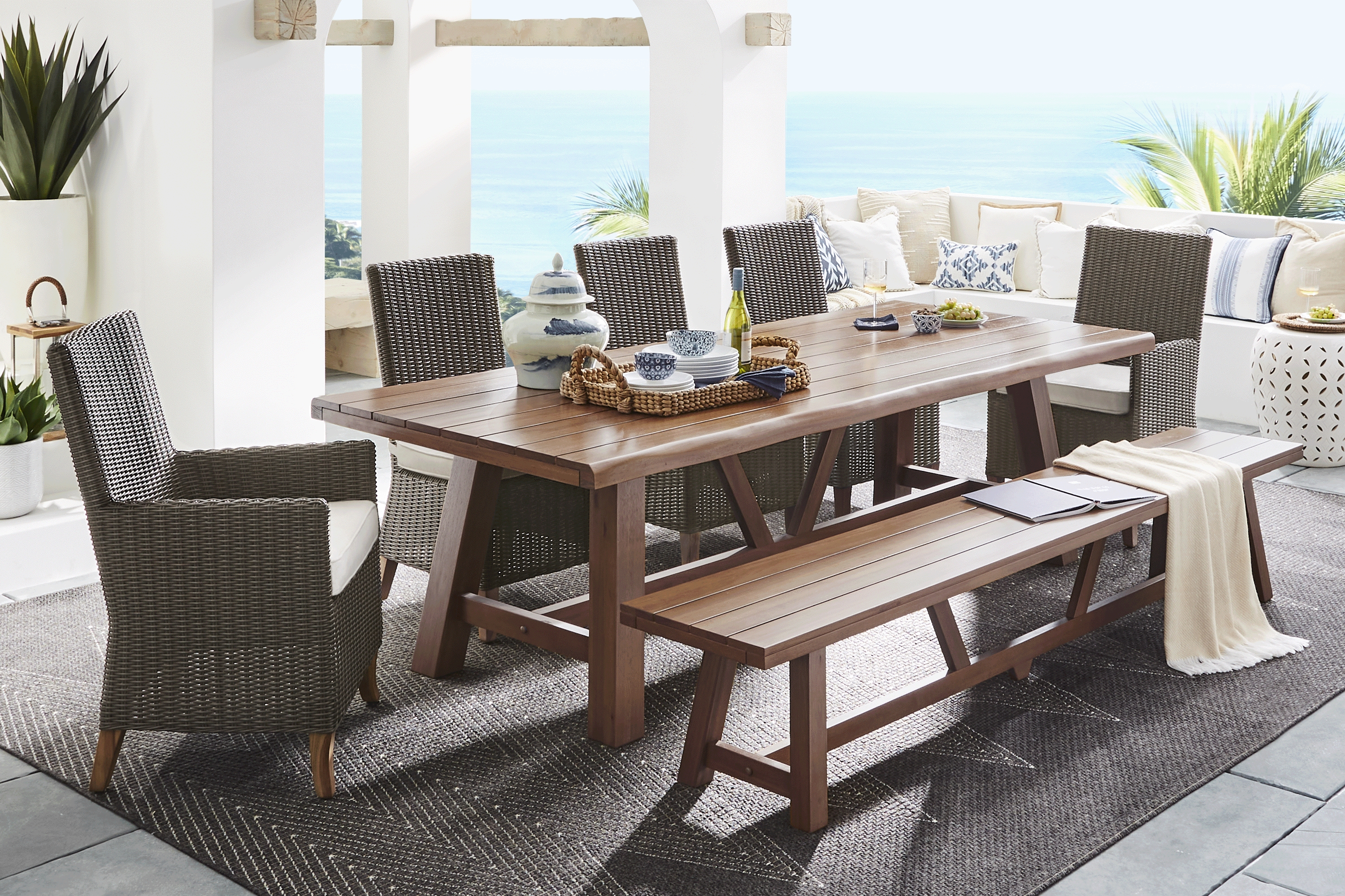 Patmos Tan 7 Pc 102 in. Rectangle Outdoor Dining Set With Linen Cushions and Bench - Thumbnail - Image 1