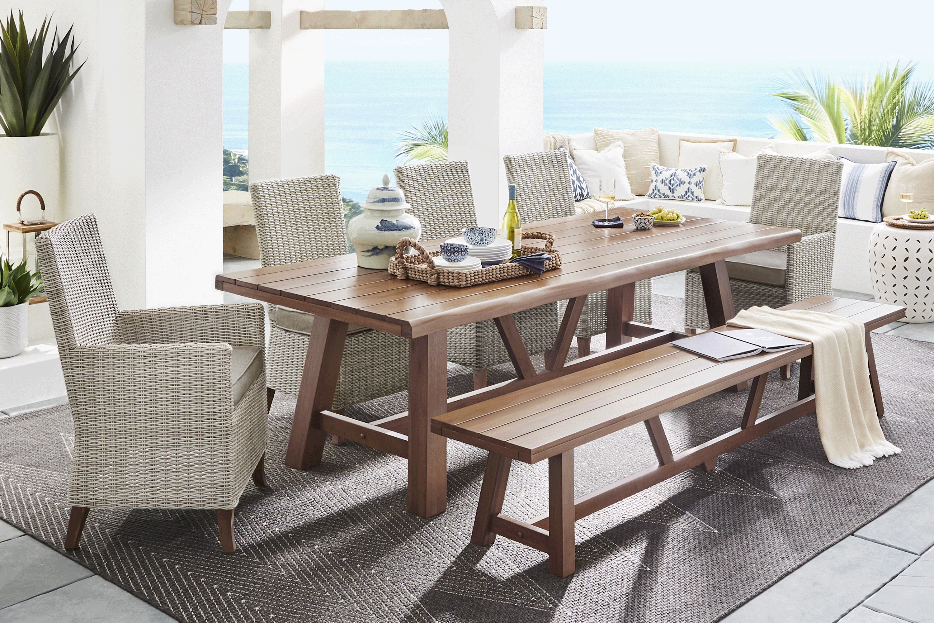 Patmos Tan 7 Pc 102 in. Rectangle Outdoor Dining Set With Mushroom Cushions and Bench - Thumbnail - Image 1