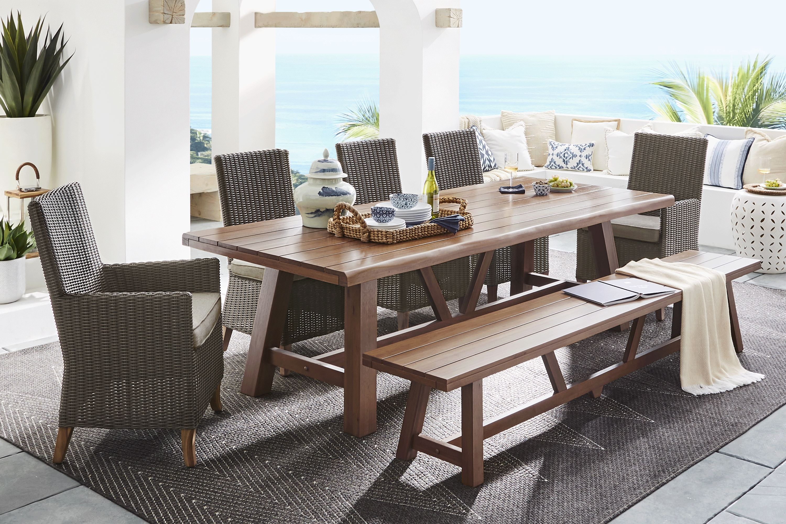 Patmos Tan 7 Pc 102 in. Rectangle Outdoor Dining Set With Mushroom Cushions and Bench - Thumbnail - Image 1