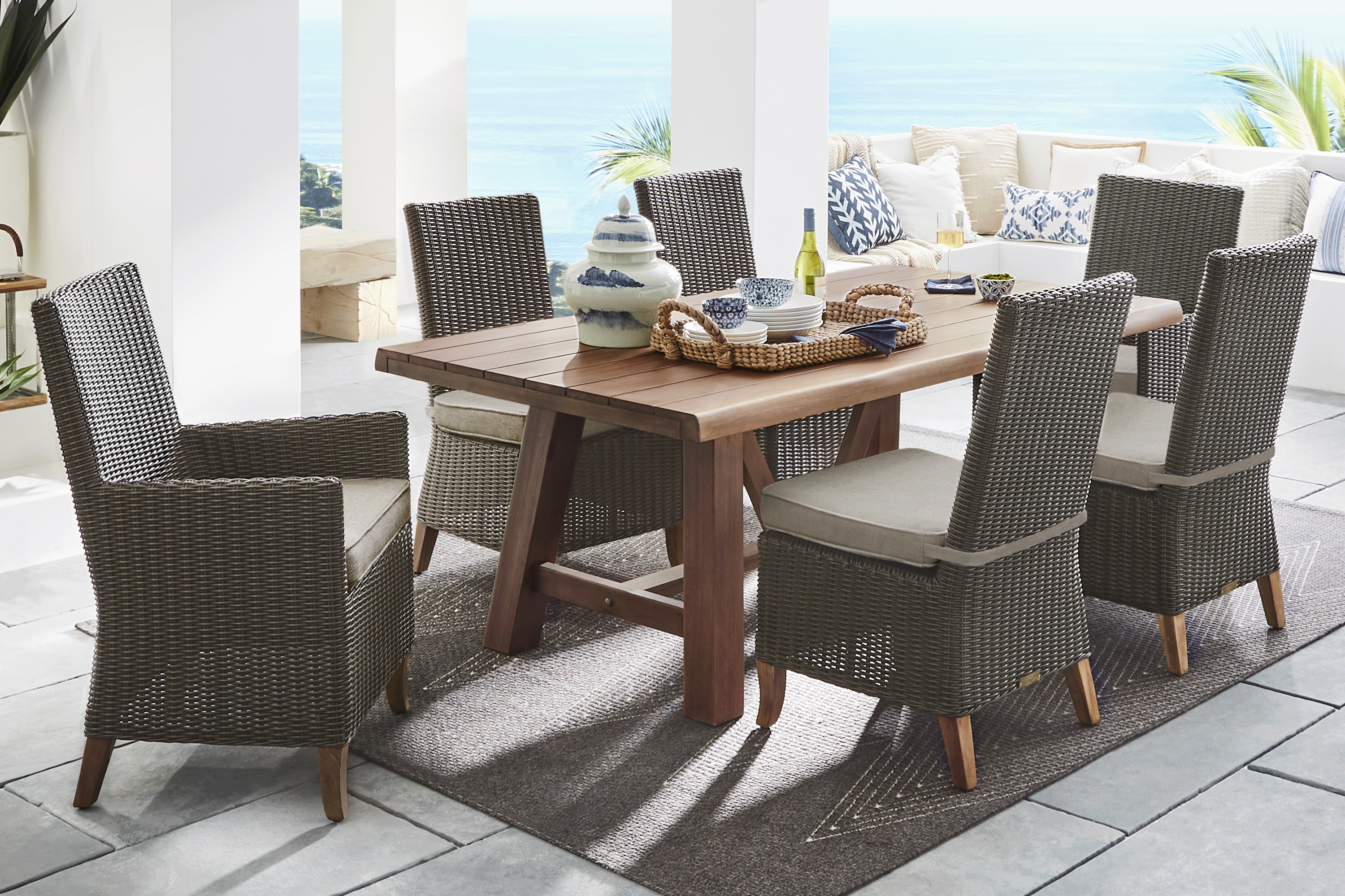 Patmos Tan 7 Pc 102 in. Rectangle Outdoor Dining Set With Mushroom Cushions - Thumbnail - Image 1