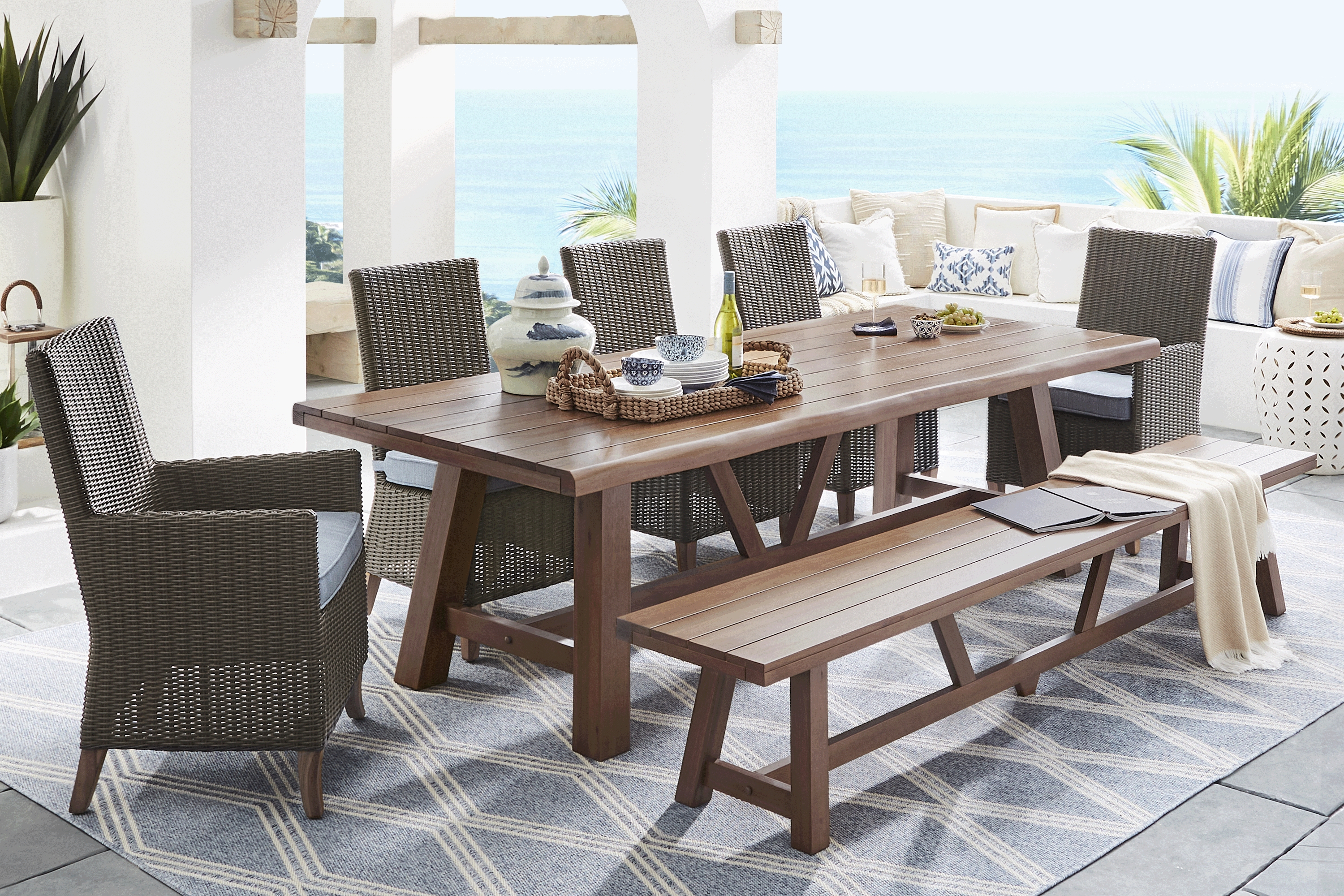 Patmos Tan 7 Pc 102 in. Rectangle Outdoor Dining Set With Steel Cushions and Bench - Thumbnail - Image 1