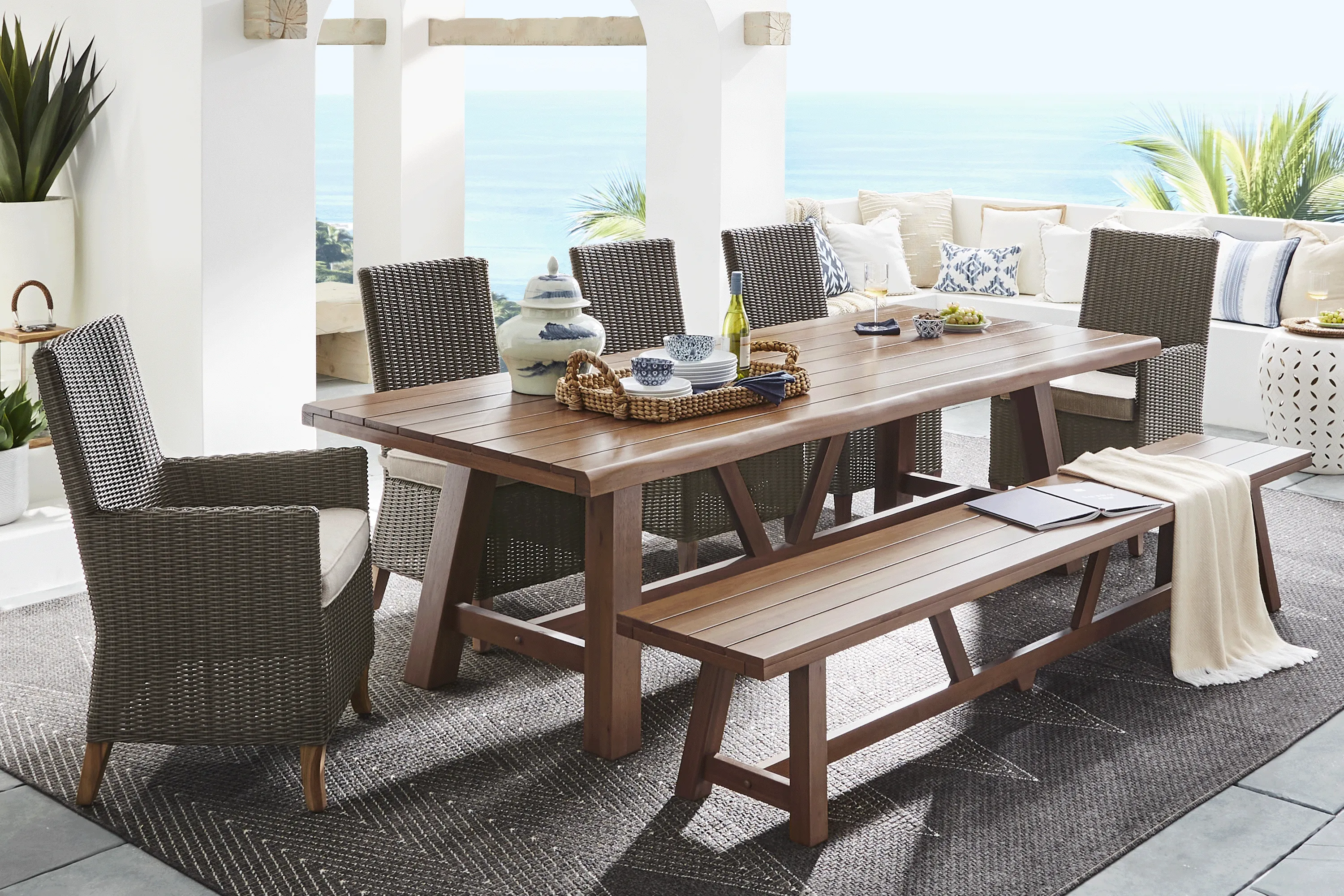 Patmos Tan 7 Pc 102 in. Rectangle Outdoor Dining Set With Twine Cushions and Bench - Thumbnail - Image 1