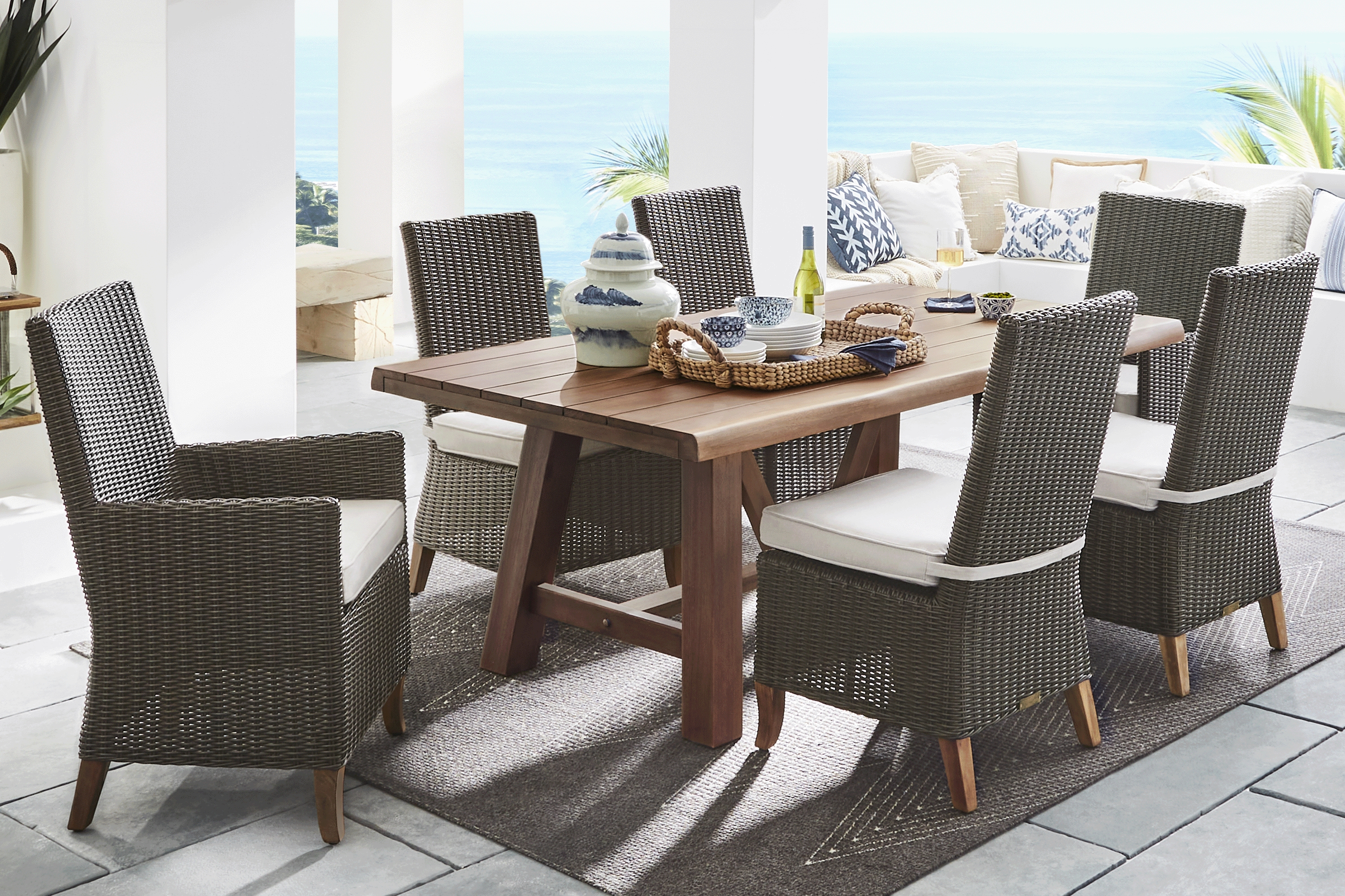 Patmos Tan 7 Pc 78 in. Rectangle Outdoor Dining Set With Linen Cushions - Thumbnail - Image 1