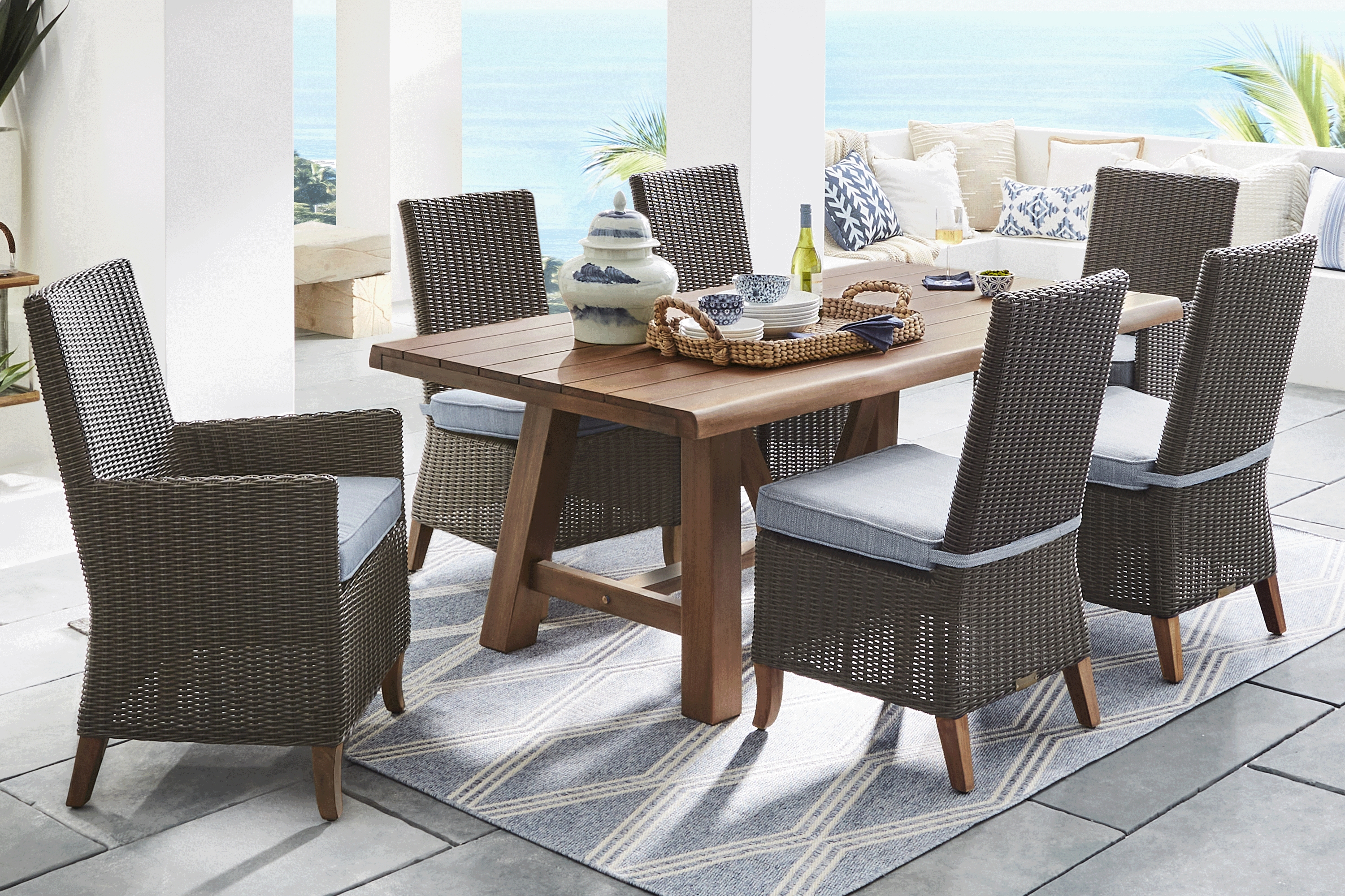 Patmos Tan 7 Pc 78 in. Rectangle Outdoor Dining Set With Steel Cushions - Thumbnail - Image 1