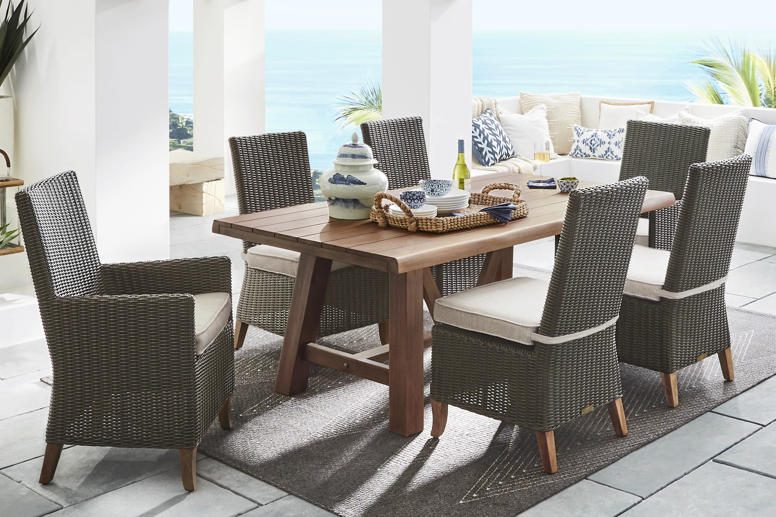Patmos Tan 7 Pc 78 in. Rectangle Outdoor Dining Set With Twine Cushions - Thumbnail - Image 1