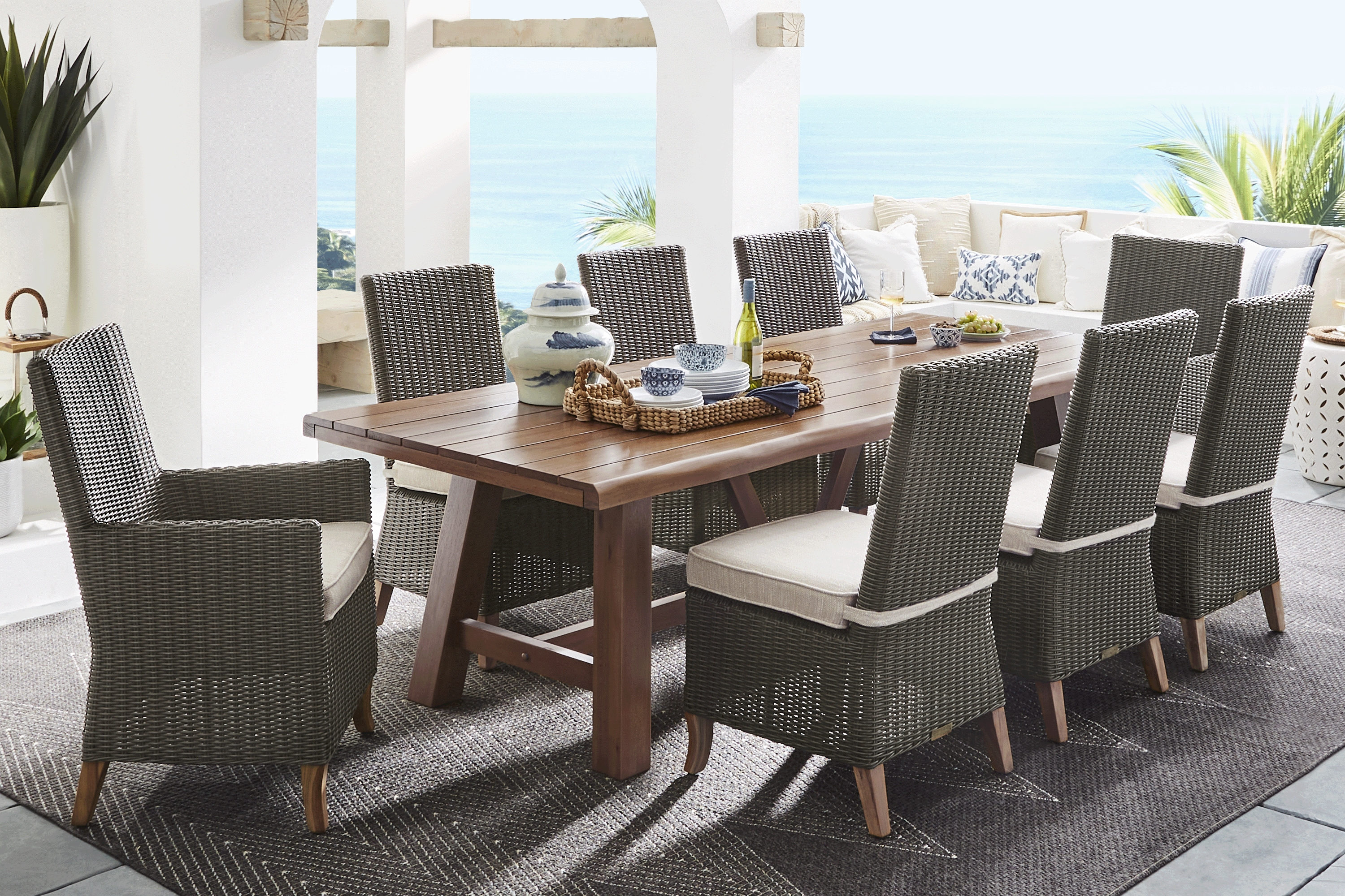 Patmos Tan 9 Pc 102 in. Rectangle Outdoor Dining Set With Twine Cushions - Thumbnail - Image 1
