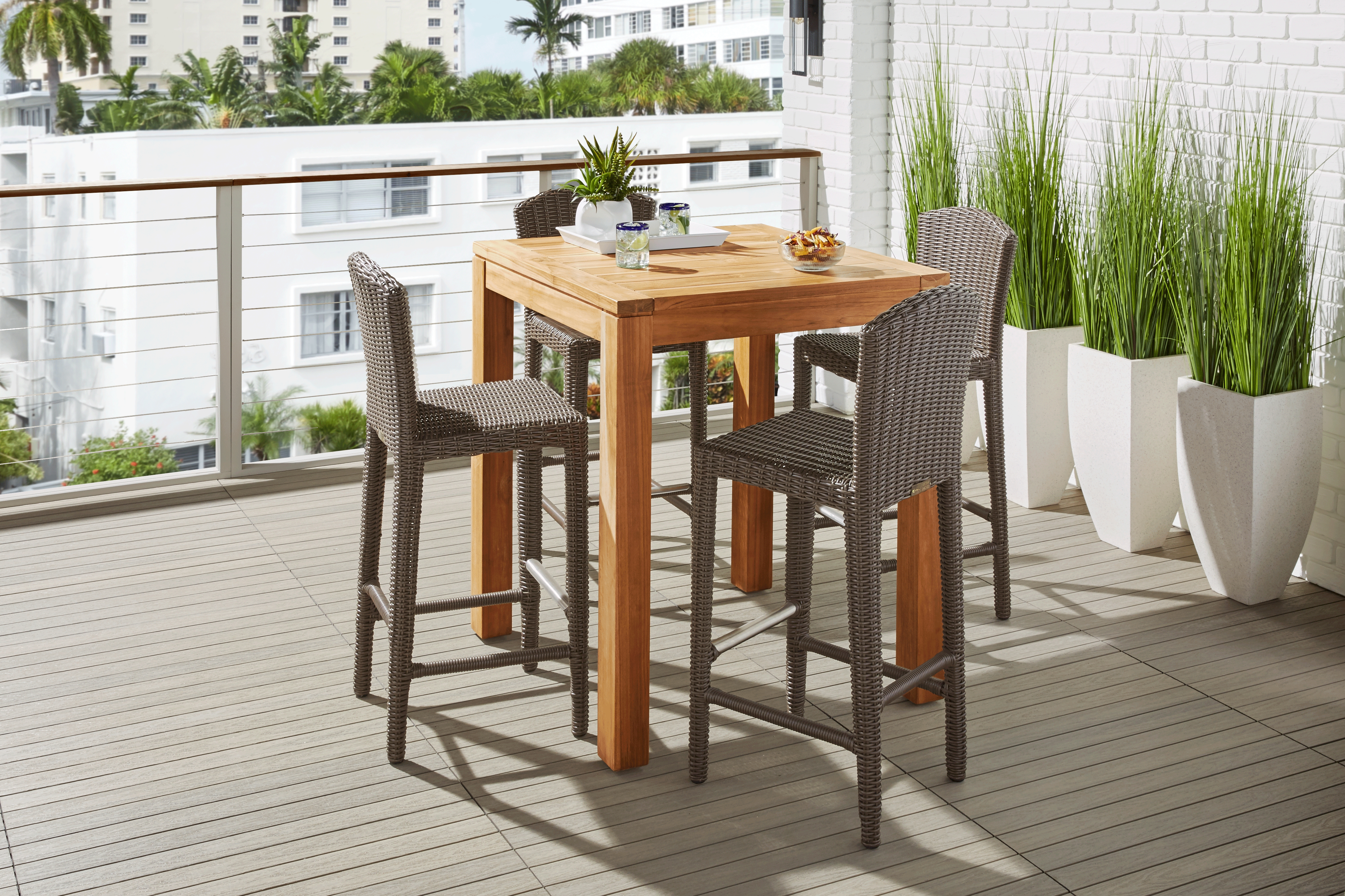 Patmos Teak 5 Pc 36 in. Square Bar Height Outdoor Dining Set with Brown Wicker Barstools - Thumbnail - Image 1