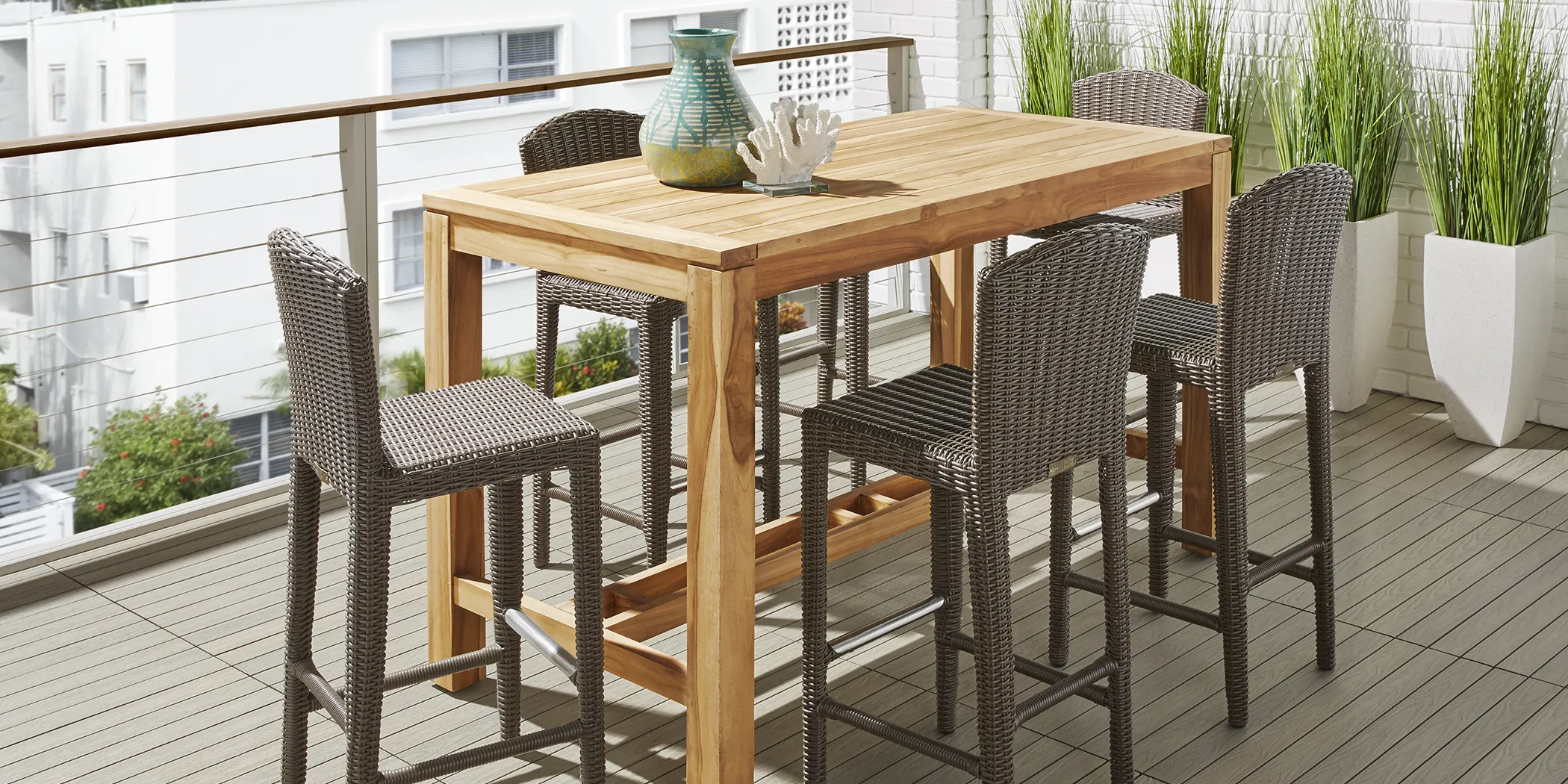 Patmos Teak 5 Pc 71 in. Rectangle Bar Height Outdoor Dining Set with Brown Wicker Barstools - Thumbnail - Image 1