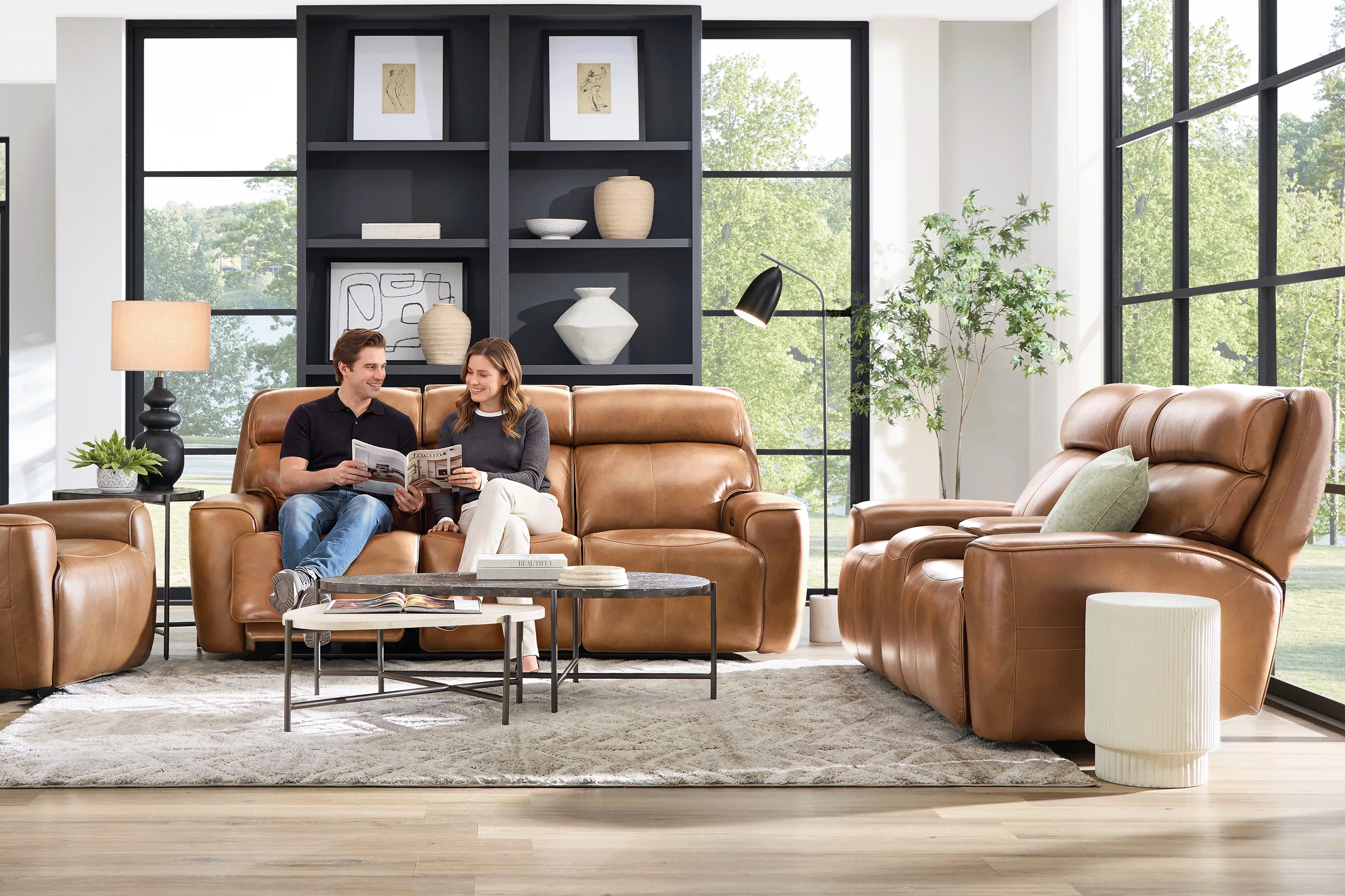 Peninsula Brown Leather 5 Pc Dual Power Reclining Living Room - Thumbnail - Image 2