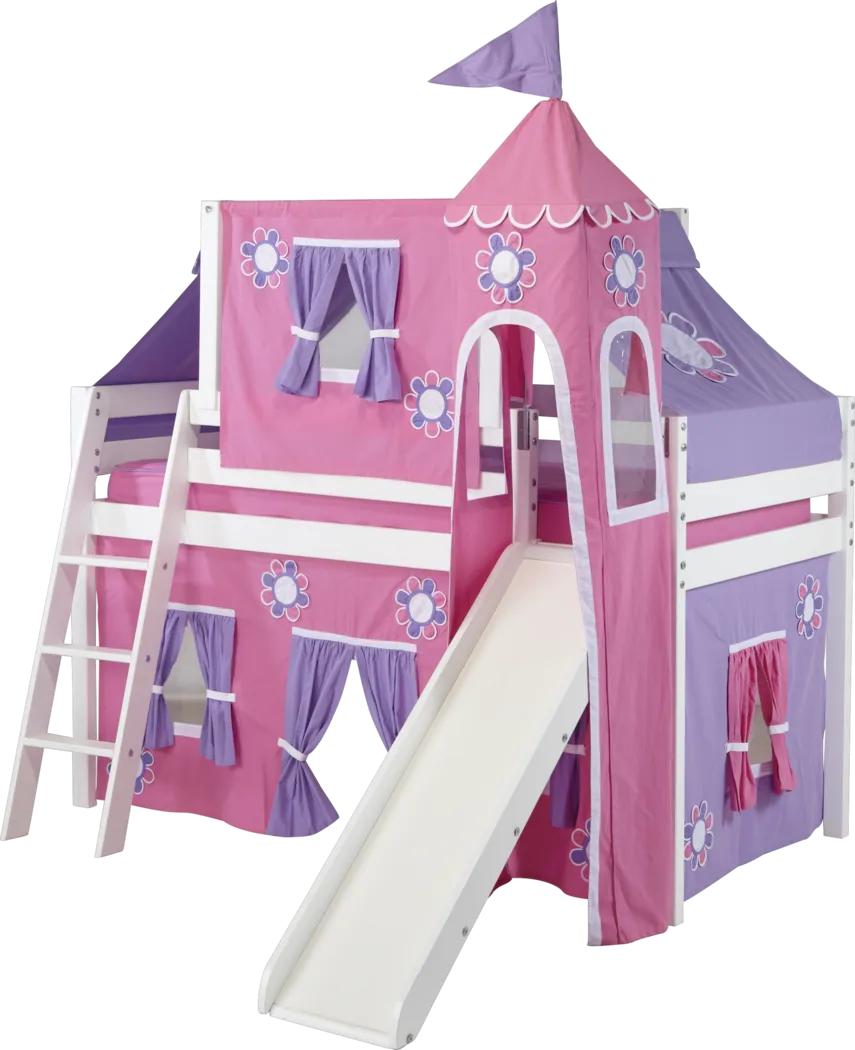 Pink Cottage White Jr. Tent Loft Bed with Slide, Top Tent and Tower - Thumbnail - Image 1