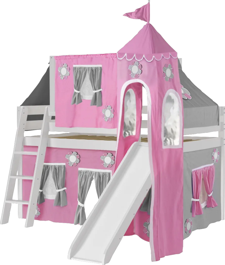 Pink Cottage White Jr. Tent Loft Bed with Slide, Top Tent and Tower - Thumbnail - Image 1