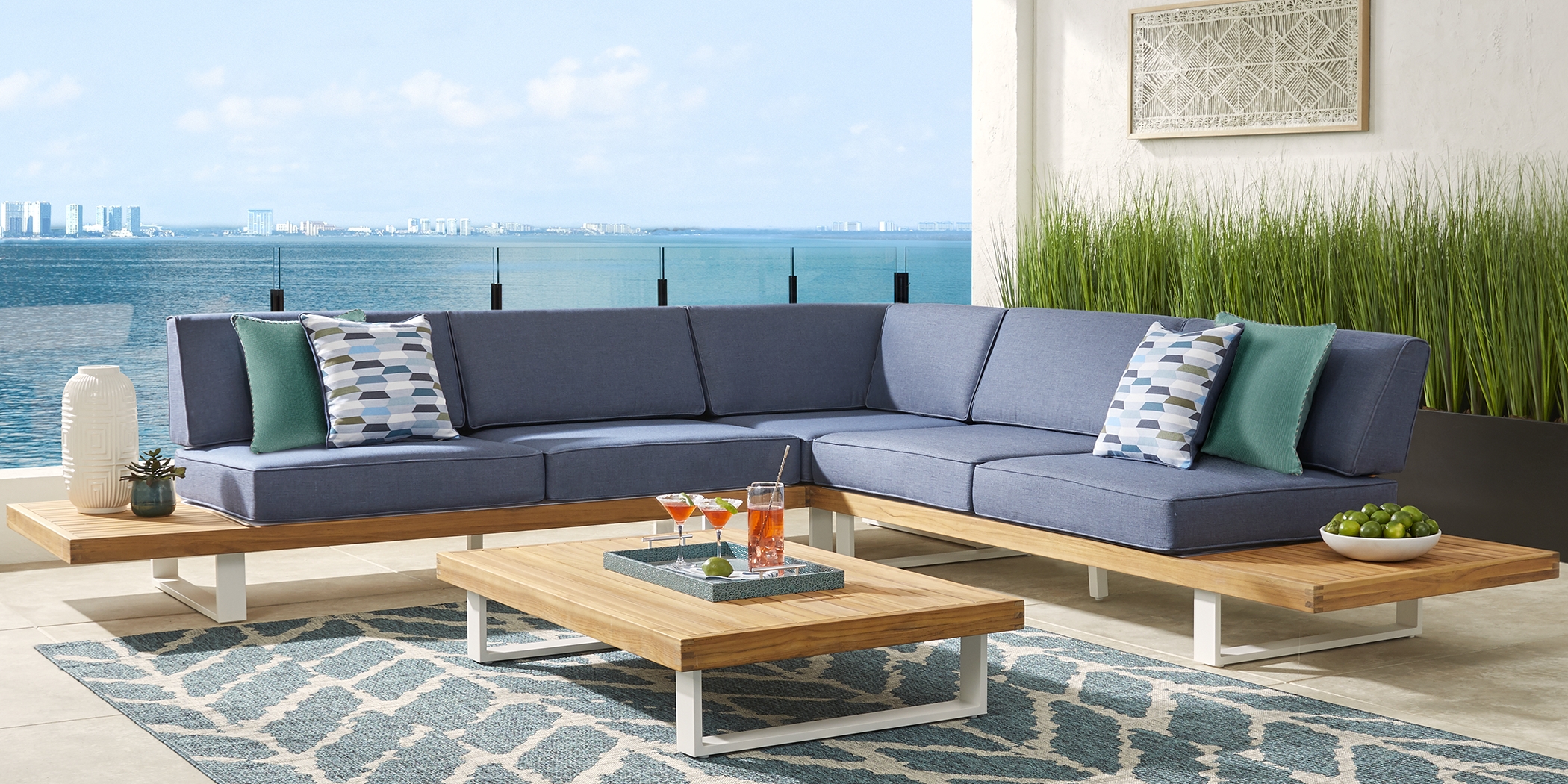 Platform Teak 3 Pc Outdoor Sectional with Denim Cushions - Thumbnail - Image 2