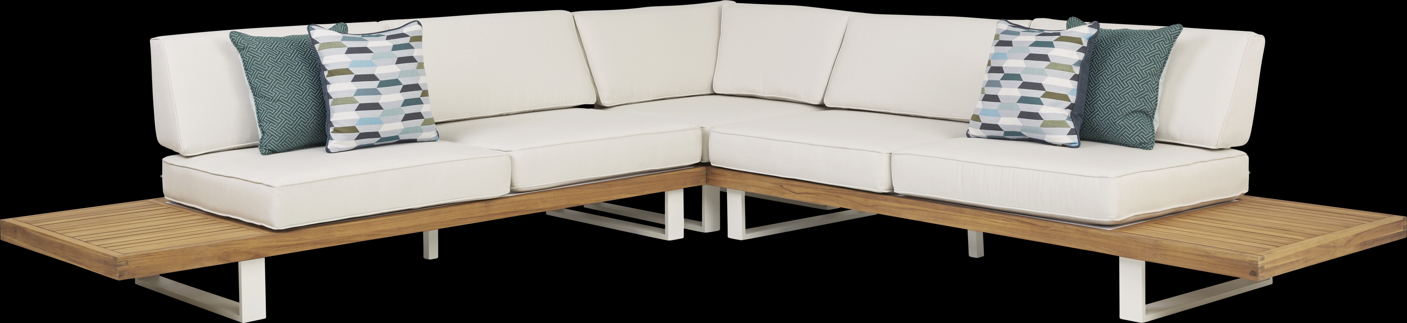 Platform Teak 3 Pc Outdoor Sectional with White Sand Cushions - Thumbnail - Image 1