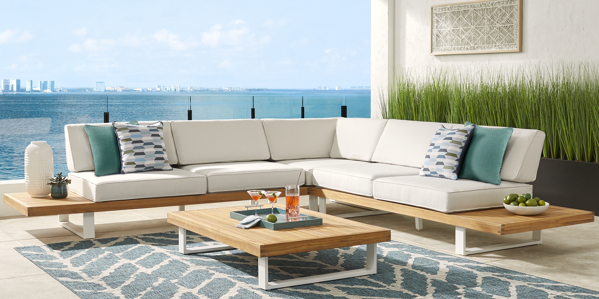 Platform Teak 3 Pc Outdoor Sectional with White Sand Cushions - Thumbnail - Image 2